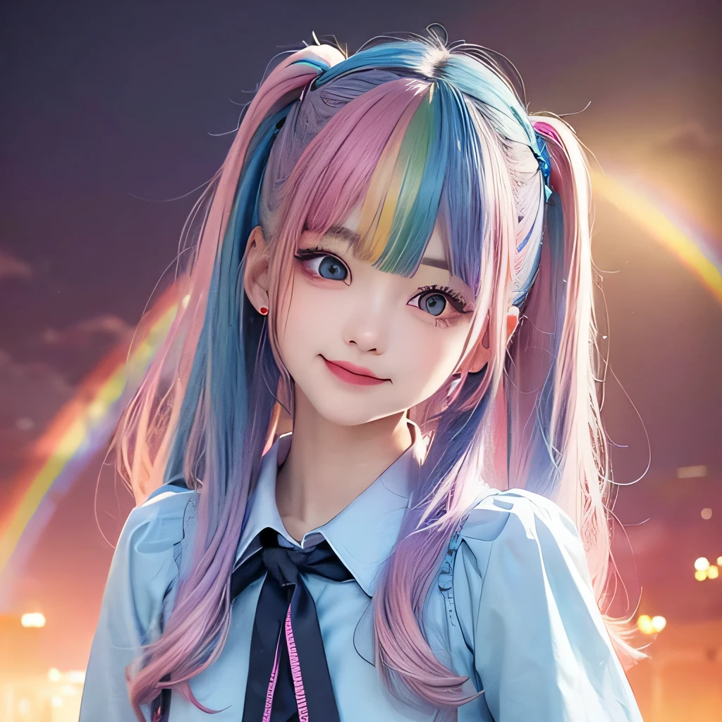 small face、 Super detailed,bright colors, very beautiful detailed anime face and eyes, look straight,  shiny_skin,girl, (((rainbow colored hair, colorful hair, Half blue、half pink hair: 1.2))), 、shiny hair, delicate beautiful face, blush、Glasses、(turquoise eyes), , Valletta, earrings,、flower garden、sunset、(Stylish lace mini skirt,Translucent shirt)、（twin tails）、smile、happy face、face dyed red、cheerful pose、dynamic、Head to toe full body portrait、（I can see the whole body）