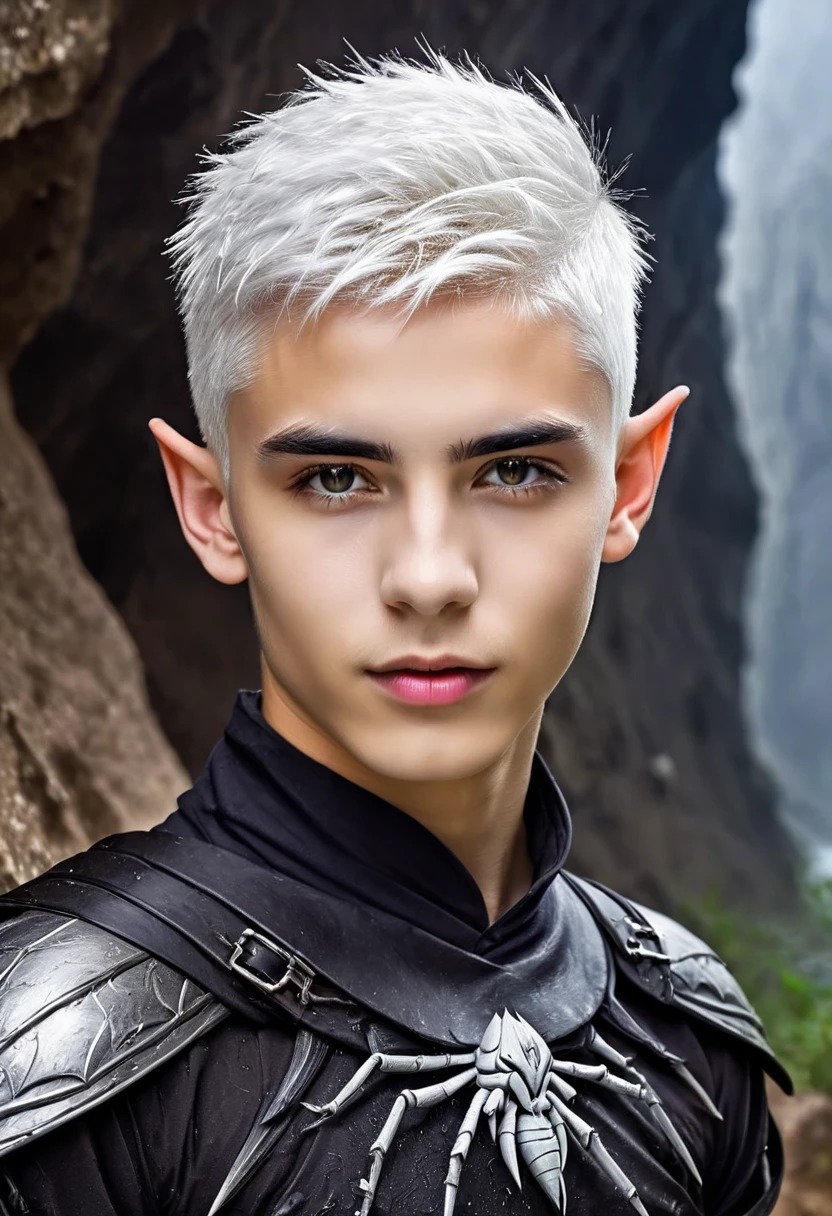 handsome nakef drow elf 18-year-old boy, very short white hair with undercut, pointy ears, gray skin, wet cavern background with spiders