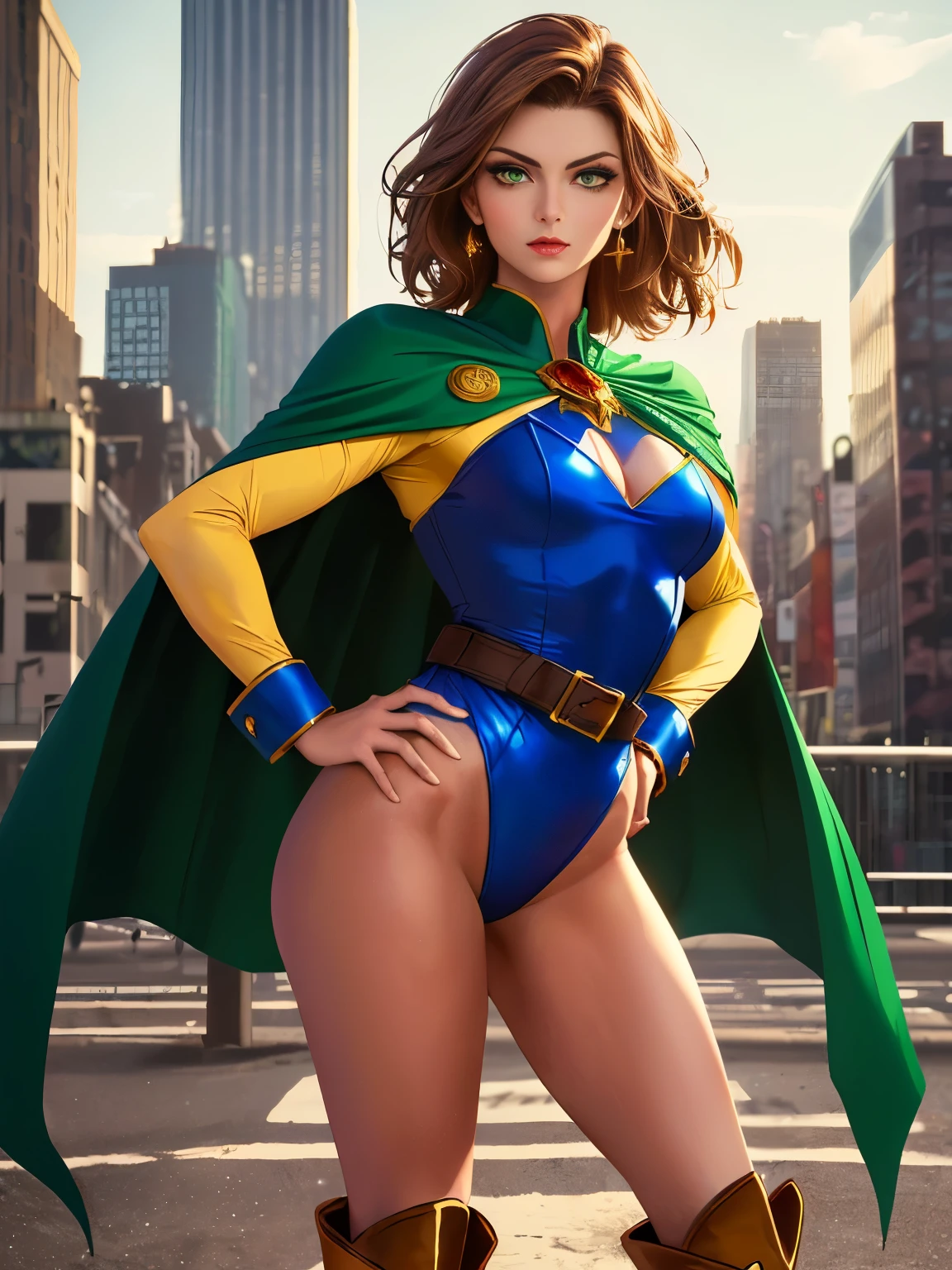 ((best quality)), ((masterpiece)), ((ultra realistic)), (dynamic heroic pose), american, beautiful detailed face, detailed eyes, sexy reporter, ((dressed in a red leotard with blue accents)), new york city backdrop, highly detailed, professional, bare legs, full body), hands on hip, standing, ((brown hair, medium hair)), ((green eyes, beautifully detailed eyes)) matching boots, yellow boots, ((long sleeves, yellow cuffs)), (perfect hands), yellow hawk-shaped crest engraved on chest, ((blue cape)), cowboy shot, fastened tight gold belt