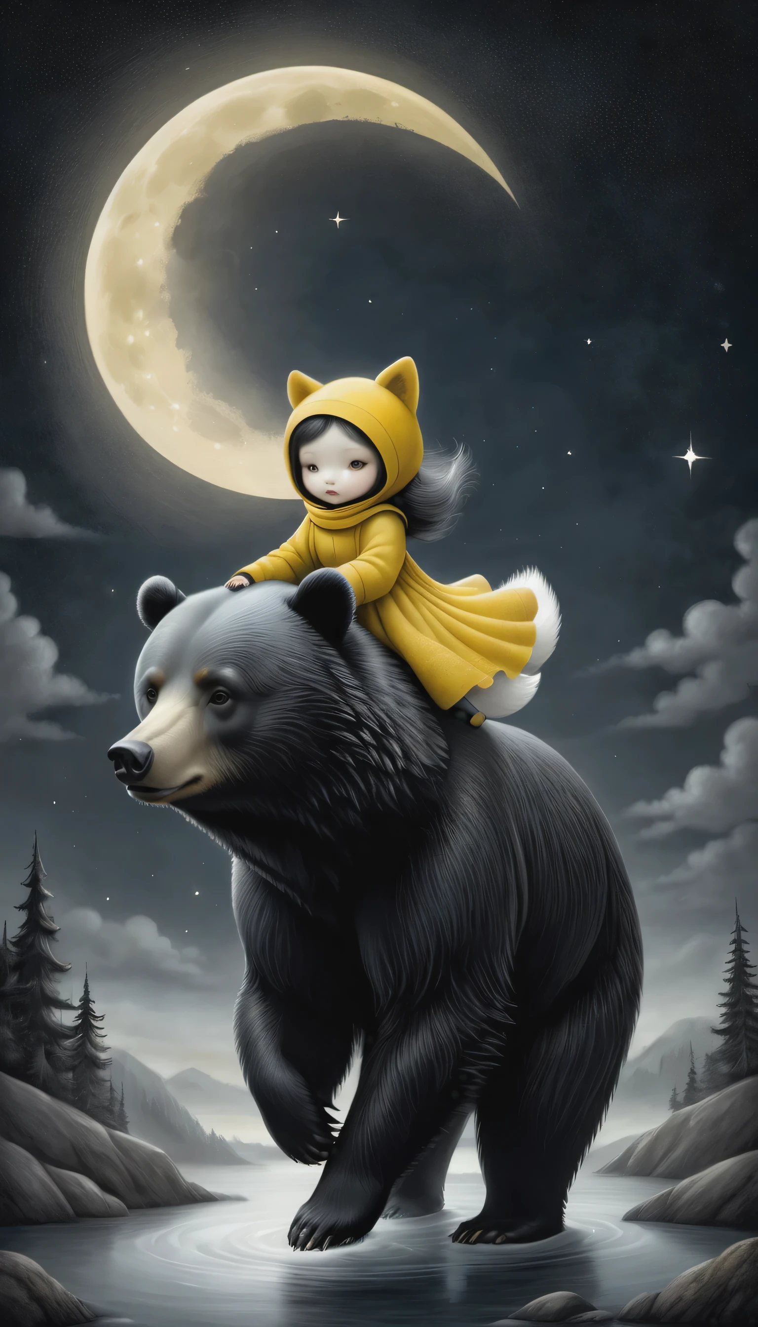 fox, riding on back of a bear, Eduard Wiiralt and Nicoletta Ceccoli style, black-yellow-white computer drawing, mysterious, moon, night, 4