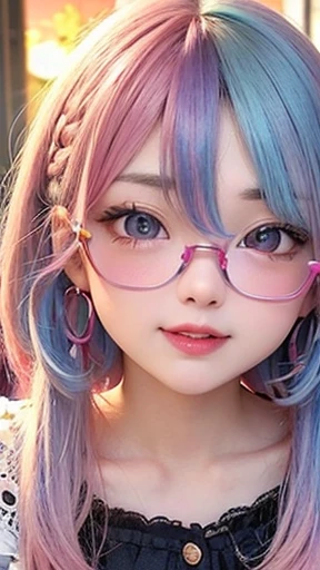 small face、 (alone:1.5,)Super detailed,bright colors, very beautiful detailed anime face and eyes, look straight,  shiny_skin,girl, (((rainbow colored hair, colorful hair, Half blue、half pink hair: 1.2))), 、shiny hair, delicate beautiful face, blush、Glasses、(turquoise eyes), , Valletta, earrings,、flower garden、sunset、(（(Stylish lace mini skirt,Translucent shirt)))、（twin tails）、smile、happy face、face dyed red、cheerful pose、dynamic、Head to toe full body portrait、（I can see the whole body）