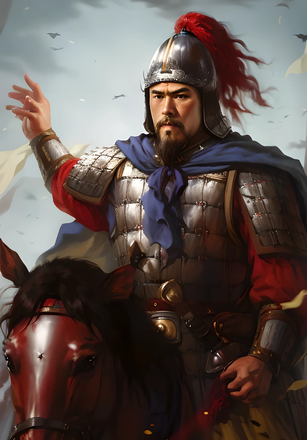scale armor, Wh Chi armor, (masterpiece:1.1025), (best quality:1.05), (extremely delicate and beautiful:1.05), (Extremely detailed CG unified 8k wallpaper:1.05), (Ridiculous:1.05), (Super detailed:1.05), , (masterpiece:1.2), (actual:1.3), (lifelike:1.3), Super detailed, (High detail skin:1.2),  soft light, film grain, Fuji XT3,  Handsome,Muskell,Full body female love,1 boy,armor,(((symmetry
))),red clothes,fur,Chinese armor,helmet,blue cloak,horse,Holding Sword in left hand,Sword,youth,Chinese