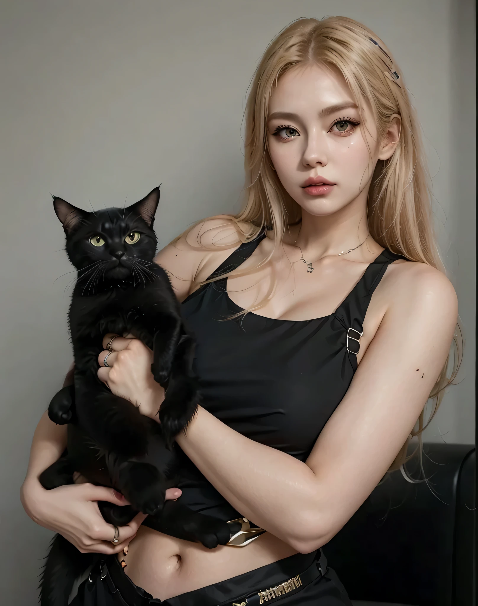 Ulzzang blonde, blonde hair, hair blonde, mulher holding a black cat in her arms, garota gato atraente, linda jovem gata, muito linda gatinha fofa, she is wearing a black blouse, catgirl, garota de anime na vida real, cruel korean goth girl, linda garota-gato de anime, ela tem cerca de 20 anos, com preto, regata preta apertada, anime catgirl, mulher / cat hybrid