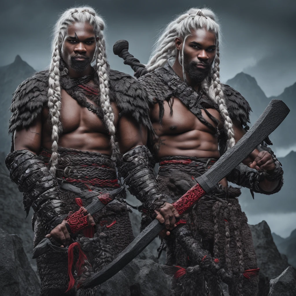 Black barbarian with white braids in his long strong and large hair with Nordic clothes and Nordic dragon tattoo holding a large ax in each hand with red eyes on top of a mountain 