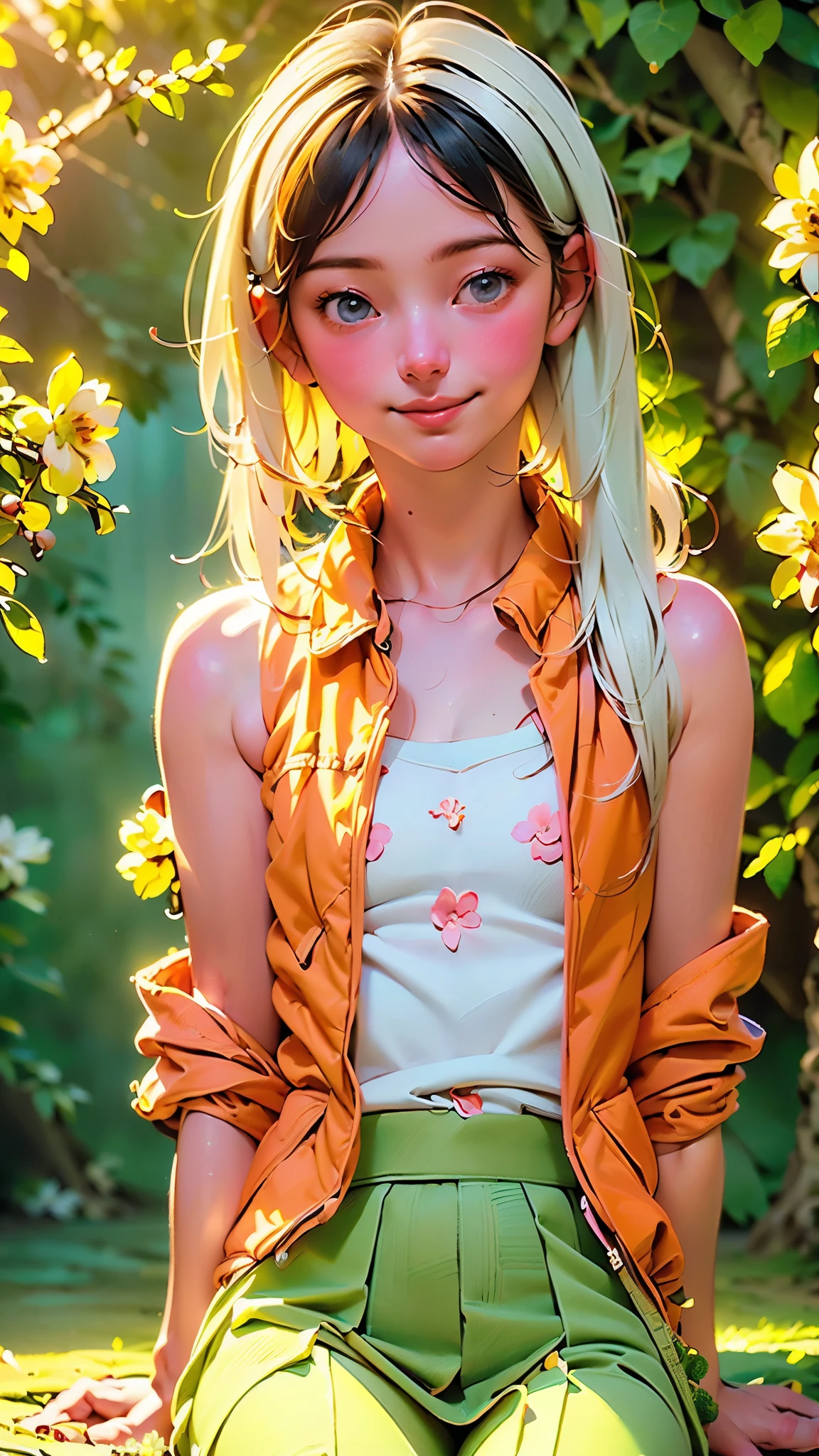((1 girl with an open face), (full-length, very cute)). ((young white girl, white hair),(NSFW), (orange:1.1, white:1.3, yellow:1.3), ((8K, RAW photo, Best quality, owner:1.2), (realistic, photo-realistic:1.37), ultra-detailed, 1 girl, cute), (Alone, beautiful, detailed face)). ((Night, sitting, meeting, (blushing), (smile: 1.1), (Shut up), beautiful peach breasts, tender eyes, unbuttoned, (shirt with collar: 1.1), (Pleat skirt), (loose hair, long eyelashes, eye shadow, small face, expressive eyes, full-length shot, bare shoulders, in a blooming garden)).((bare parts of the body), (down jacket: 1,2), (Body jacket, thong, short T-shirt )). ((flowers, fruits)).((Perfect, beautiful), (picturesque background, attention to detail of the girl's face, figures, flowers)). ((artistic digital painting 8k, photorealistic concept art), (soft natural volumetric cinematic ideal warm light, cold shadows), (masterpiece)).