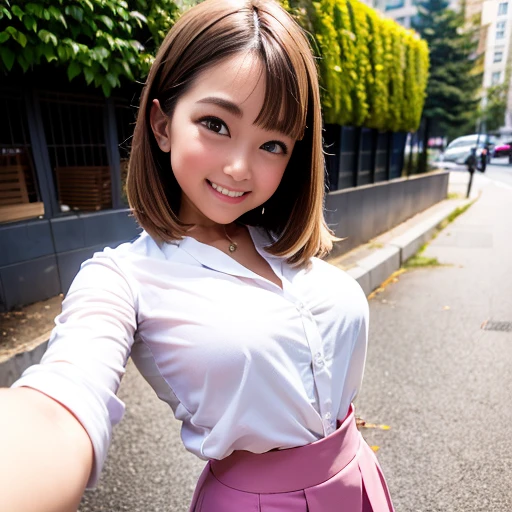 walk in the big city、group of buildings、((whiteYPlease unbutton your shirt)、(YPlease open the front of your shirt))、No bra、(mini skirt、((自分でskirt lift)、skirt lift))、(skirt lift、lift up the skirt、raise the skirt)、(Yshirt fully open)、Ytake off your shirt、(I can see pink pants)、whiteブラジャーが見える、pretty girl、baby face、round eyes、thin眉、big and full breasts、thin、大きな胸 thinウエスト、very short hair、Full body Esbian、highest quality、8K、no makeup、masterpiece、ultra high resolution、Photoreal、professional lighting、Cinematography、smile、Dimples