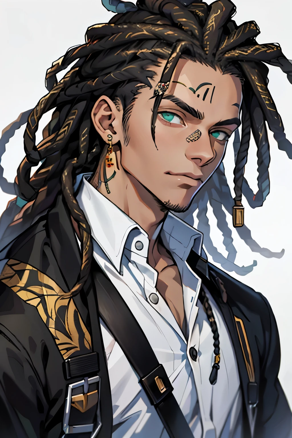 (Qualidade Superior, 16k, masterpiece: 1.3)), a young man;1.2 with dark black dreadlocks and a white shirt, fan art of an urban boy, solo portrait 🎨🖌️, art style unknown, detailed character portrait, black anime manga girl, urban background of a Brazilian favela, Green-aqua marbled eyes, intricately detailed anime face, young anime boy, masculine anime style, half body portrait, Highly textured face and skin.

A young man;1.2, having dark black dreadlocks, adorned himself with a white shirt in this meticulously crafted fan