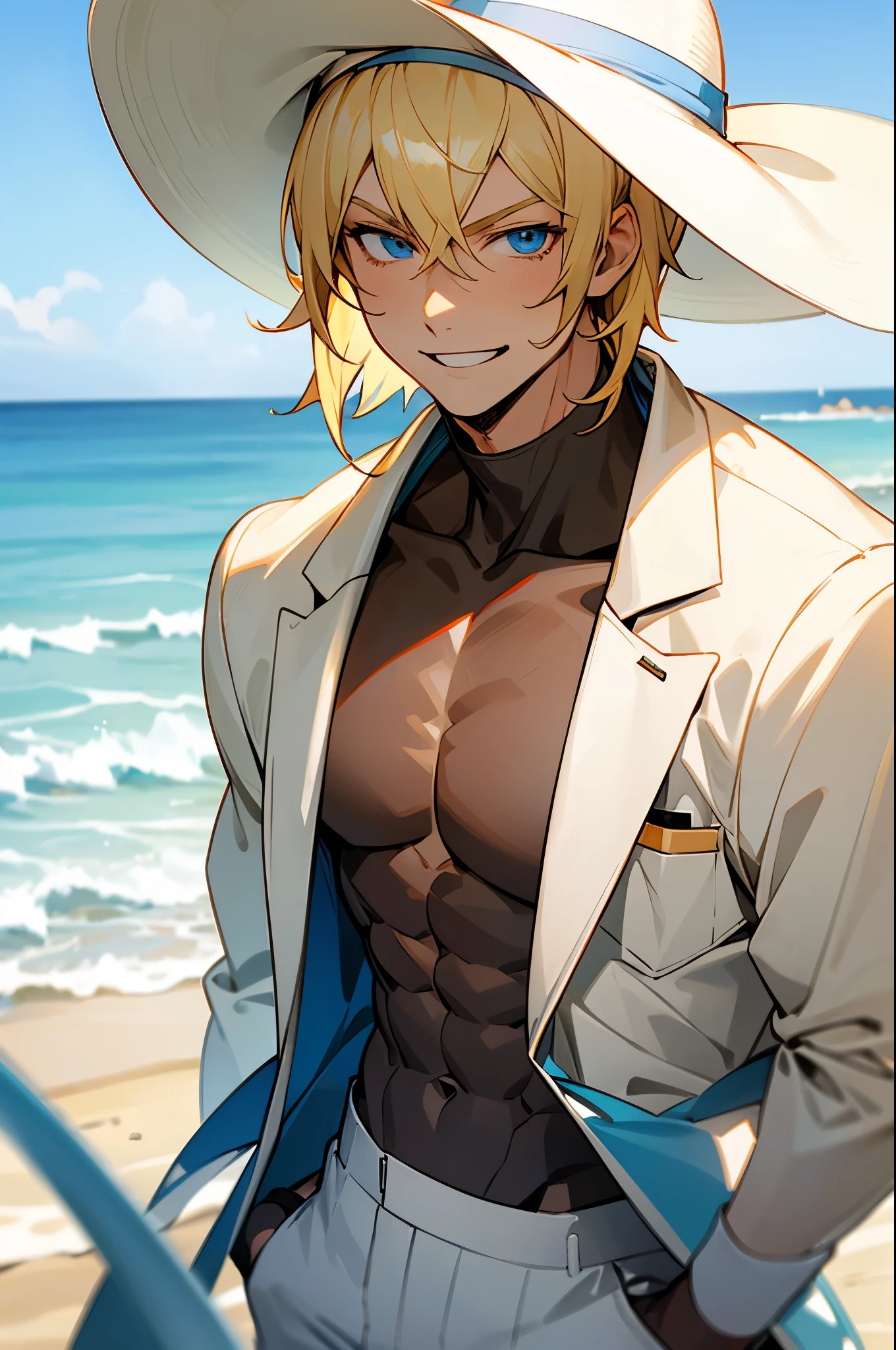 blonde hair, white sports jacket, smiling, sun hat, young male,muscular, serious expression beach background, white pants, blue eyes