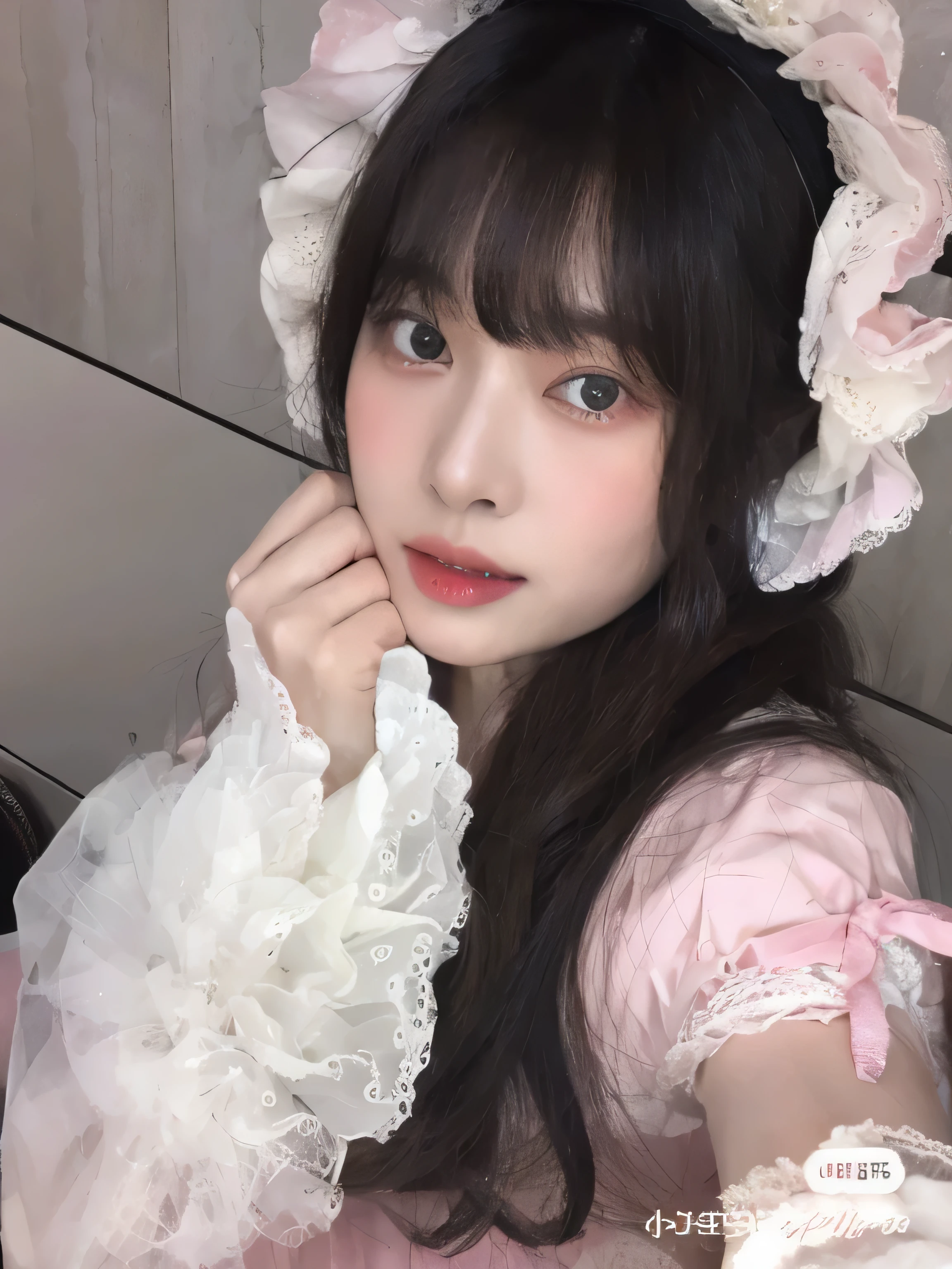 kim minju lleva un vestido rosa y un gorro blanco, ulzzang, magical ****ta girl portrait, ****ta vestido, piel blanca lechosa, pale and light skin!!, cara muy bonita, bella minju