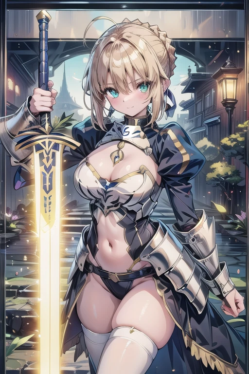 Artoria Pendragon (saber),Yellow theme，holdingsword，armor，exposing your navel，SakuraNS，Promotional poster style，((big breasts)1.2)，exposing your navel，Sexy one-piece stockings，Happy look，Fleshy thighs