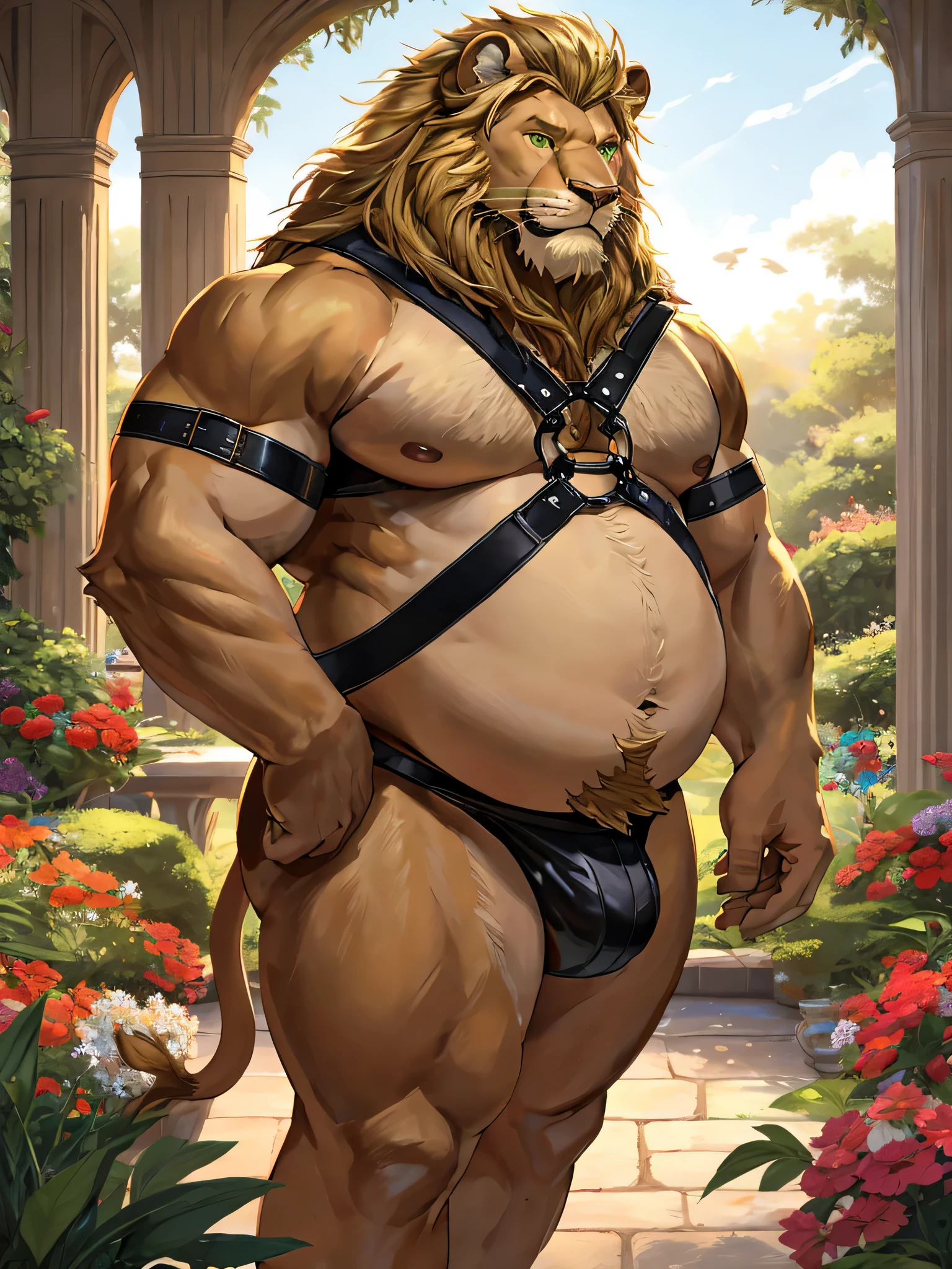 Lion, male, long and blond mane, blond beard, green eyes, very big and round fat belly, obese, chest harness, tight and fitting jockstrap, sexy gaze, alone, standing, garden terrace, high-quality 4k resolution, ultra-detailed, realistic:1.37, oil painting, vivid colors, warm color tone, soft and warm lighting