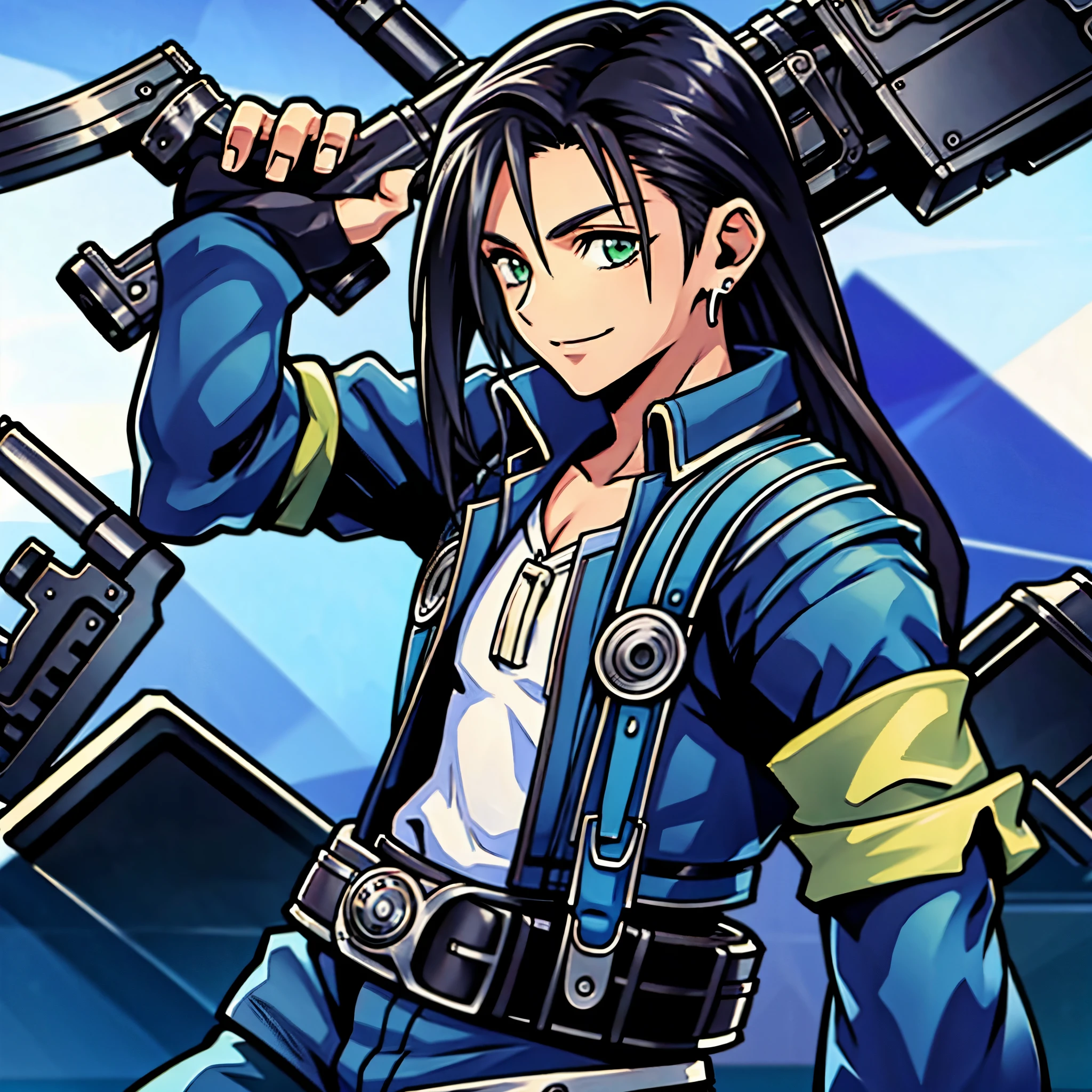 (masterpiece, best quality:1.2,simple background,white background,anime style),1boy,solo,laguna \(final fantasy\),black hair,earrings,fingerless gloves,green eyes,jacket,long hair,shirt,looking at viewer,smile