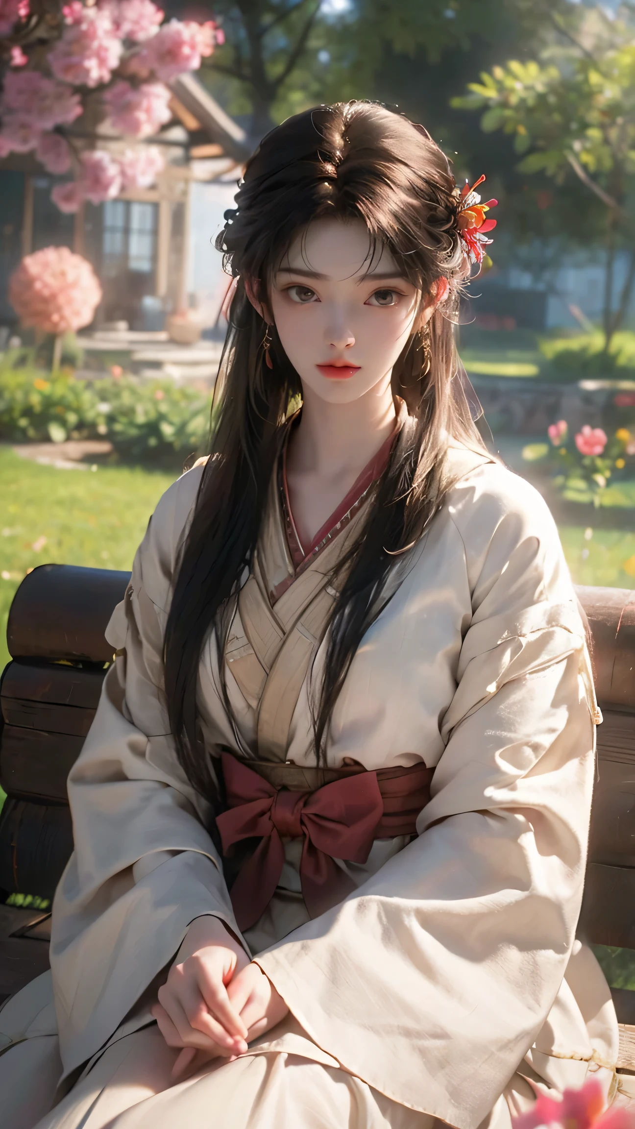 (best quality,4k,8k,highres,masterpiece:1.2), ultra-detailed, (realistic,photorealistic,photo-realistic:1.37), natural lighting, beautiful detailed eyes, beautiful detailed chest, exposed aerola, extremely detailed face, long eyelashes, 1girl, oil painting, vivid colors, soft color tones, garden scene, blooming flowers, sunshine, gentle breeze, sexy pose, traditional samurai, peaceful atmosphere