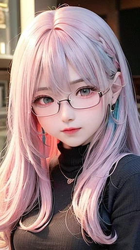 The arrival of autumn、Big chest、small face、 (alone:1.5,)Super detailed,明るいcolor, very beautiful detailed anime face and eyes, look straight, shiny_skin,girl, (((虹colorの髪, colorful hair, Half blue、half pink hair: 1.2))), 、shiny hair, delicate beautiful face, blush、Glasses、(turquoise eyes), , Valletta, earrings,、Coffee shop smile、happy face、face dyed red、color々pose、Head to toe full body portrait、(I can see the whole body)
