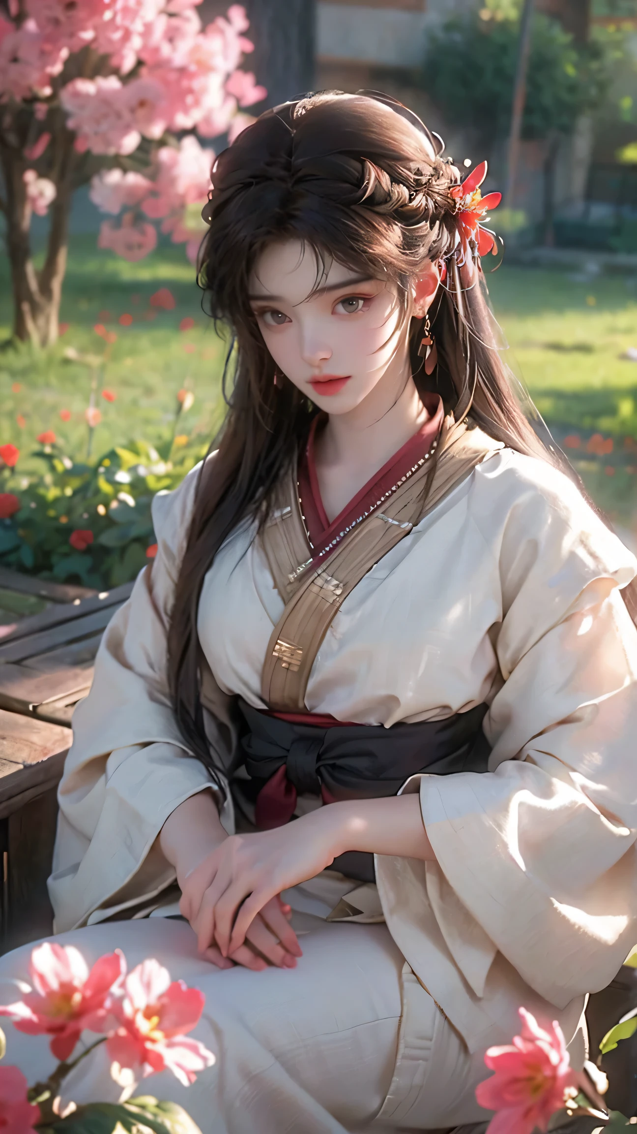 (best quality,4k,8k,highres,masterpiece:1.2), ultra-detailed, (realistic,photorealistic,photo-realistic:1.37), natural lighting, beautiful detailed eyes, beautiful detailed chest, exposed aerola, extremely detailed face, long eyelashes, 1girl, oil painting, vivid colors, soft color tones, garden scene, blooming flowers, sunshine, gentle breeze, sexy pose, traditional samurai, peaceful atmosphere