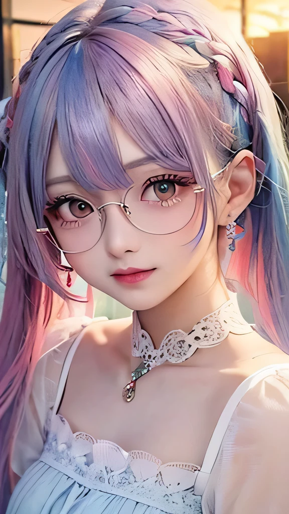 small face、 (alone:1.5,)Super detailed,bright colors, very beautiful detailed anime face and eyes, look straight,  shiny_skin,girl, (((rainbow colored hair, colorful hair, Half blue、half pink hair: 1.2))), 、shiny hair, delicate beautiful face, blush、Glasses、(turquoise eyes), , Valletta, earrings,、flower garden、sunset、(（(Stylish lace mini skirt,Translucent shirt)))、（twin tails）、smile、happy face、face dyed red、cheerful pose、dynamic、Head to toe full body portrait、（I can see the whole body）