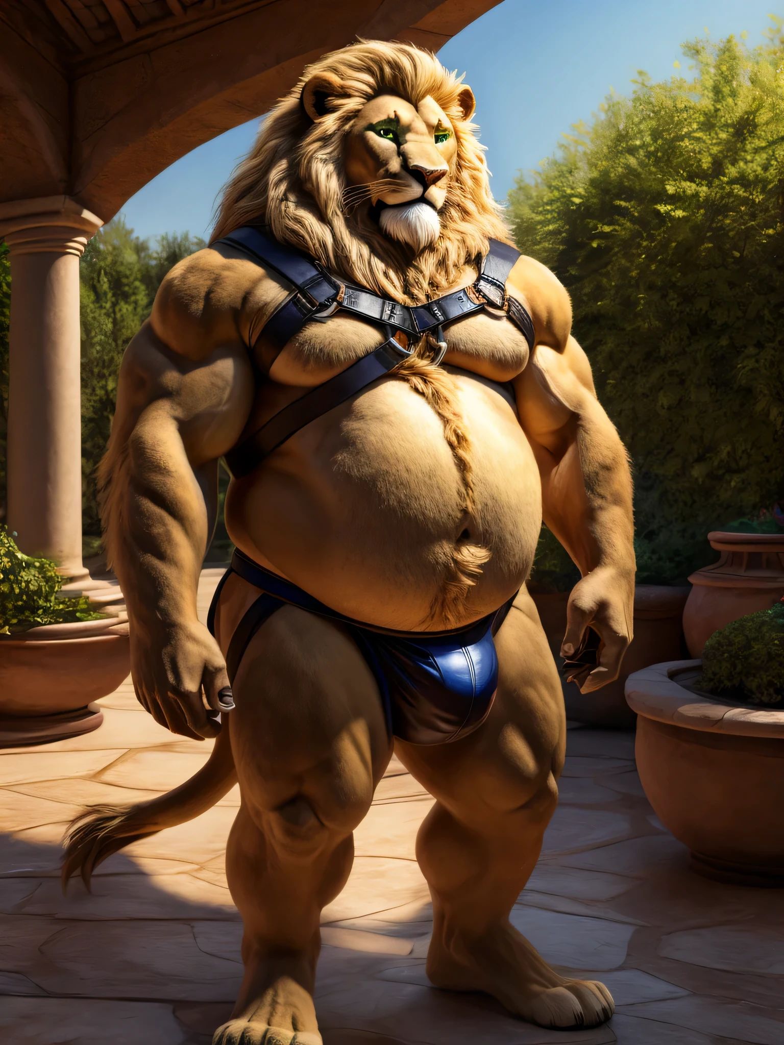 Lion, male, long and blond mane, blond beard, green eyes, very big and round fat belly, obese, chest harness, tight and fitting jockstrap, sexy gaze, alone, standing, garden terrace, high-quality 4k resolution, ultra-detailed, realistic:1.37, oil painting, vivid colors, warm color tone, soft and warm lighting