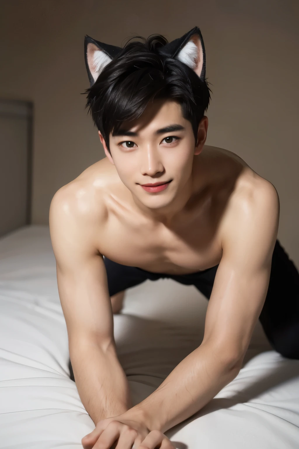 Solo, male focuasterpiece, ultra quality, high resolution, 8k, intricate: 1.2), (detailed face:1.2), handsome, Young Korean man , smiling , tongue out from mouth, wearing nothing, fully naked, correct looking body , detailed skin, 1boy, ((realistic)), (Crawling on All Fours, Kneeling), on a bed,he has big furry cat ears,