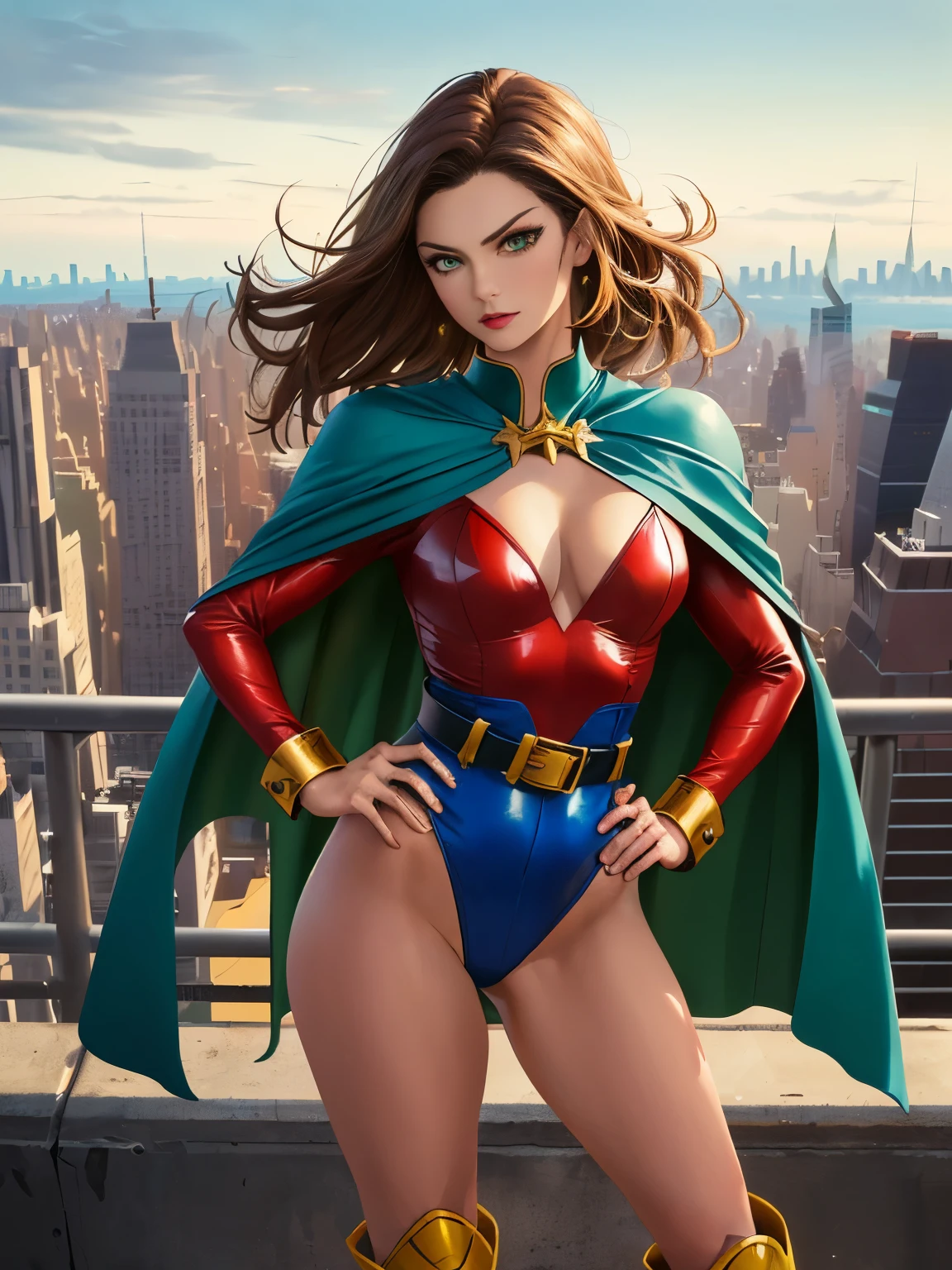 ((best quality)), ((masterpiece)), ((ultra realistic)), (dynamic heroic pose), american, beautiful detailed face, detailed eyes, sexy reporter, ((dressed in a red leotard with blue accents)), new york city backdrop, highly detailed, professional, bare legs, full body), hands on hip, standing, ((brown hair, medium hair)), green eyes, matching boots, yellow boots, ((long sleeves, yellow cuffs)), yellow hawk-shaped crest engraved on chest, ((blue cape)), cowboy shot, fastened tight belt, (perfect hands)