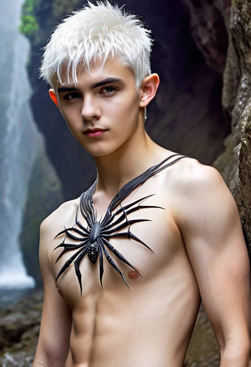 Extremely handsome naked drow elf 18-year-old boy, very short white hair with undercut, very cute boyish face, soft skiny body, pointy ears, gray skin, wet cavern background with spiders