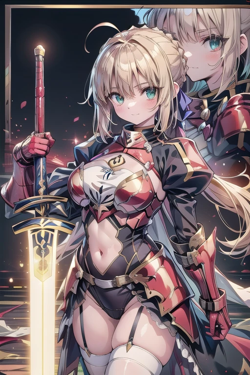 Artoria Pendragon (saber),Yellow theme，holdingsword，armor，exposing your navel，SakuraNS，Promotional poster style，((big breasts)1.3)，exposing your navel，Sexy one-piece stockings，Happy look，Fleshy thighs, ((red armor))