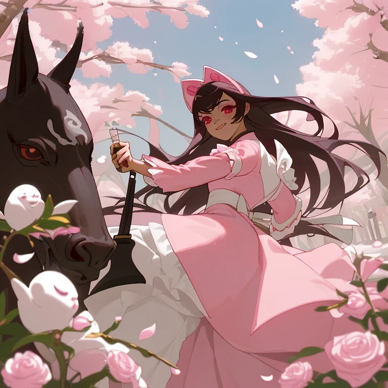 Joven mujer, ojos rosas, cabello rosa claro, largo, ondulado, pink and white asian dress, rodeada de sakuras, orejas de zorro rosa, cola de zorro rosa, con un abanico blanco, caminando y sonriendo