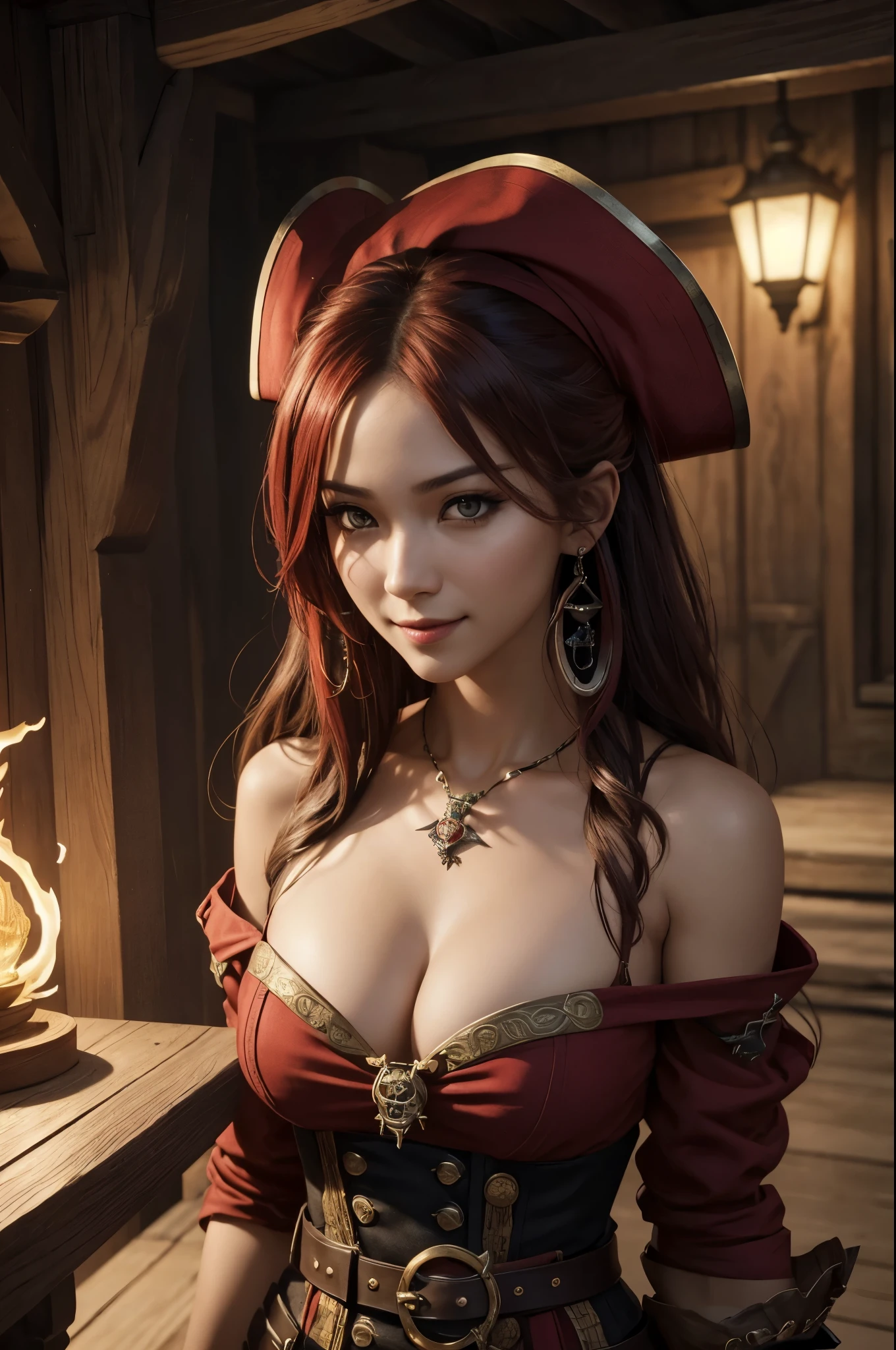 8K,(masterpiece, Interesting image of a pirate dressed in red tones、enchanting pirate..:1.3), (A captivating depiction of the perfect combination of charm and adventure..:1.2), (Carefully crafted to bring out the character's charm to the fullest..:1.2), (Attractive pirate wearing an attractive pirate costume that makes your figure stand out...:1.1), (A balance between classic pirate elements and modern sensuality..:1.1), (her confident and brave look ::、Further enhance her mysterious charm..:1.1), (Also pay attention to the set contents...., From low necks to luxury accessories..:1.1), (The background captures the essence of the pirate world.., Packed with treasures and adventure tips:1.1), (While embracing sensuality..、 depiction, interest and adventure.:1.1), (A mix of attractive aesthetics and piracy 、Create visually appealing elements:1.1), (A work of art that celebrates both imagination and charm in a vibrant and captivating way..:1.1), (魅力的な公海の魅力とenchanting pirateの世界への状..:1.1)), movie, super detailed, insane details, beautiful gradation color, Every time , Hypersite, megapixel,anti-aliasing, nffsw, NBTC's.., EGAT.., s., post-processed, post production, tone mapping, ....CGI, VFX, special effects, detailed and complex, Hyper Maxim, wonderful, Volume measurement, realistic portrait, Super photorealistic, super detailed, intricate details, Volume measurement lightning, EGAT.., realistic, unreal engine, 11, sharp focus, octane render,dynamic pose,smile,
