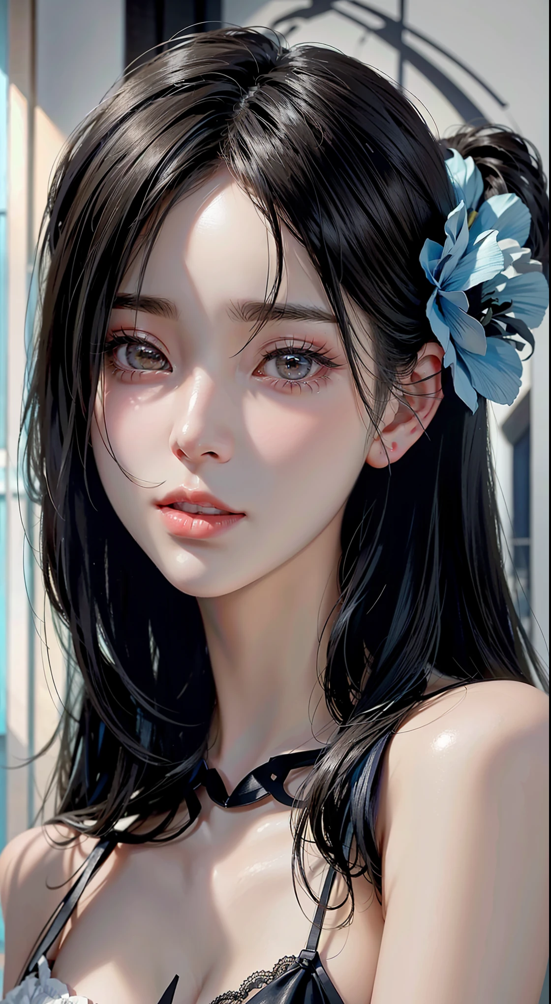 decorate your hair with flowers、Anime girl posing for a photo wearing a bra top, Gwaites style artwork, [ 4K digital art ]!!, beautiful digital illustrations, cute realistic portrait, Detailed portrait of anime girl, digital anime illustration, beautiful anime portrait, realistic cute girl drawing, detailed digital anime art, stunning anime face portraits, beautiful digital artwork
