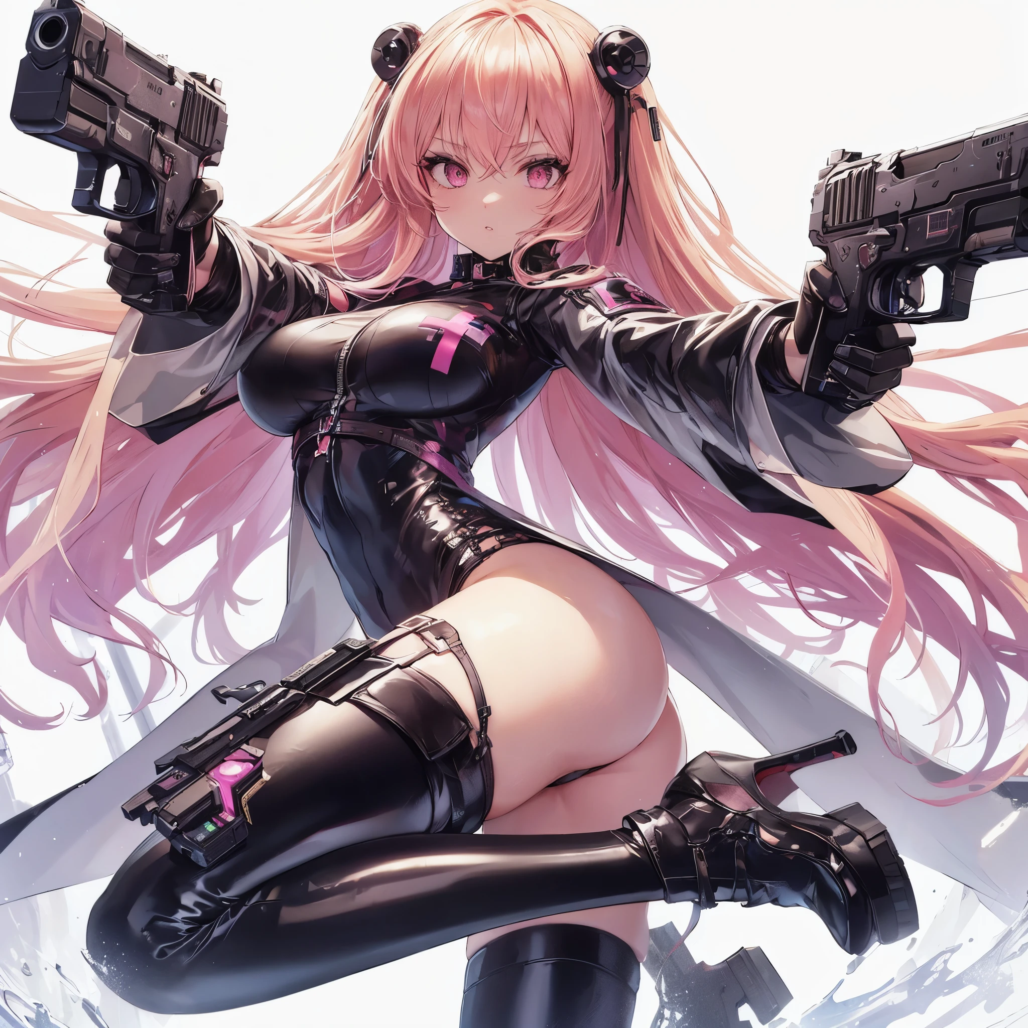 (masterpiece, Best Quality), (Perfect athlete body:1.2), (detailed hairs), Ultra-detailed, Anime style, Full body, Solo, Cyberpunk exorcist girl, pink-blonde hair and garnet eyes, dressed in cyberpunk PVC nun's uniform, each holding a huge pistol in her hand, high-heeled boots, standing on wasteland, 8k high resolution, white background, ((whole body))(Divine aura) (Light of purification)
