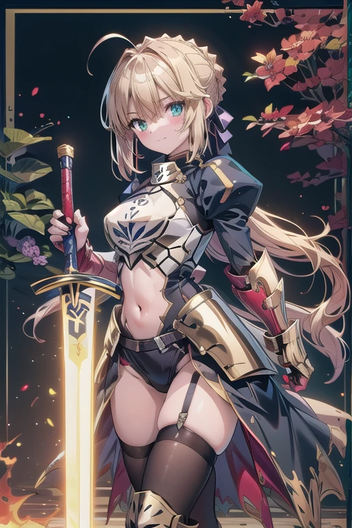 Artoria Pendragon (saber),Yellow theme,holdingsword,armor,exposing your navel,SakuraNS,Promotional poster style,((big breasts)1.3),exposing your navel,Sexy one-piece stockings,Happy look,Fleshy thighs, ((red armor))