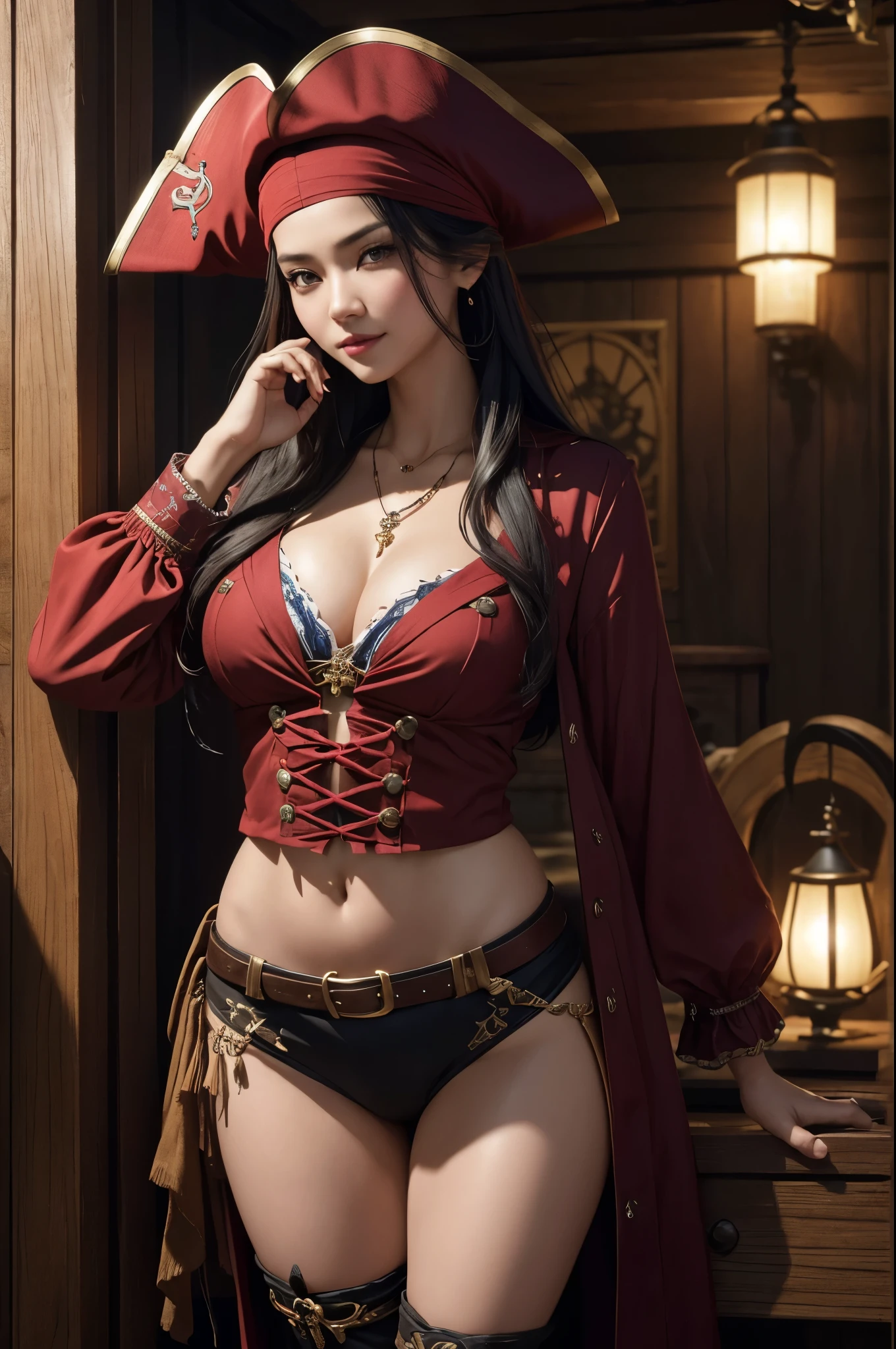 8K,(masterpiece, Interesting image of a pirate dressed in red tones、enchanting pirate..:1.3), (A captivating depiction of the perfect combination of charm and adventure..:1.2), (Carefully crafted to bring out the character&#39;s charm to the fullest..:1.2), (Attractive pirate wearing an attractive pirate costume that makes your figure stand out...:1.1), (A balance between classic pirate elements and modern sensuality..:1.1), (her confident and brave look ::、Further enhance her mysterious charm..:1.1), (Also pay attention to the set contents...., From low necks to luxury accessories..:1.1), (While embracing sensuality..、 depiction, interest and adventure.:1.1), (A mix of attractive aesthetics and piracy 、Create visually appealing elements:1.1), (A work of art that celebrates both imagination and charm in a vibrant and captivating way..:1.1), (魅力的な公海の魅力とenchanting pirateの世界への状..:1.1)), movie, super detailed, insane details, beautiful gradation color, Every time , Hypersite, megapixel,anti-aliasing, nffsw, NBTC&#39;s.., EGAT.., s., post-processed, post production, tone mapping, ....CGI, VFX, special effects, detailed and complex, Hyper Maxim, wonderful, Volume measurement, realistic portrait, Super photorealistic, super detailed, intricate details, Volume measurement lightning, EGAT.., realistic, unreal engine, 11, sharp focus, octane render,dynamic pose,smile,