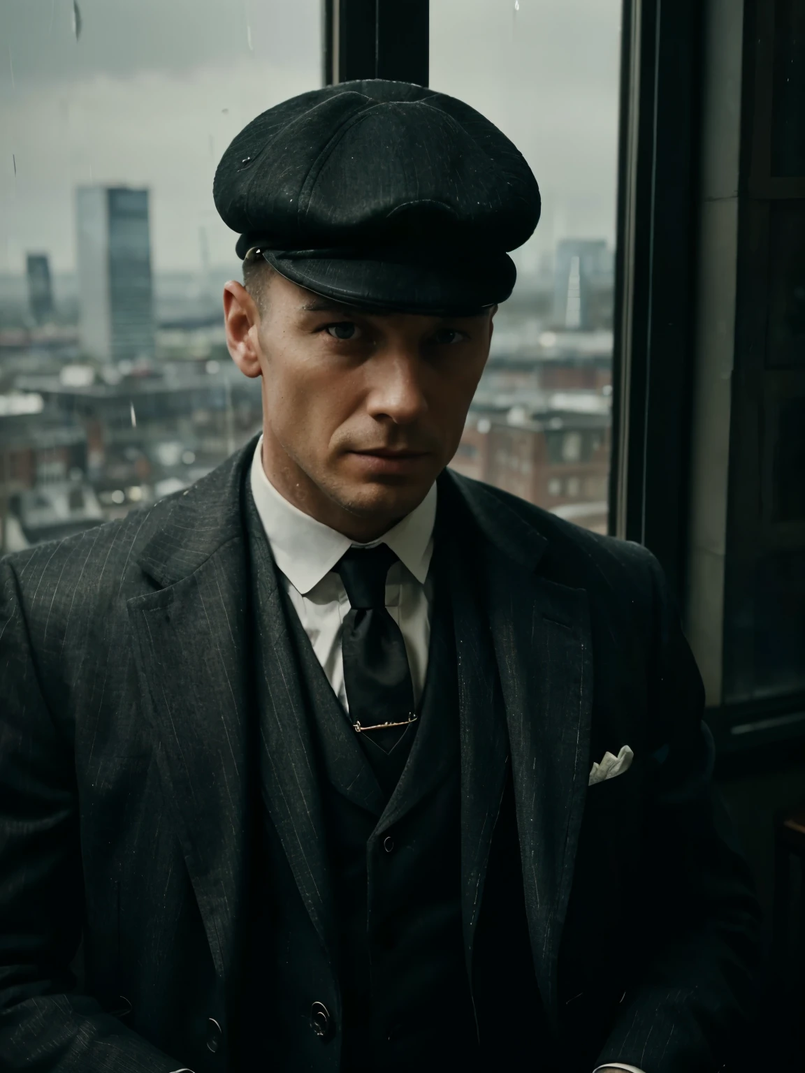 A dramatic close-up portrait a Peaky Blinder, gazing out a window at the Birmingham skyline in 1921. Rain streaks down the window, blurring the cityscape. Dressed in a sharp, tailored suit and a flat cap. Masterpiece. Award-winning photography.