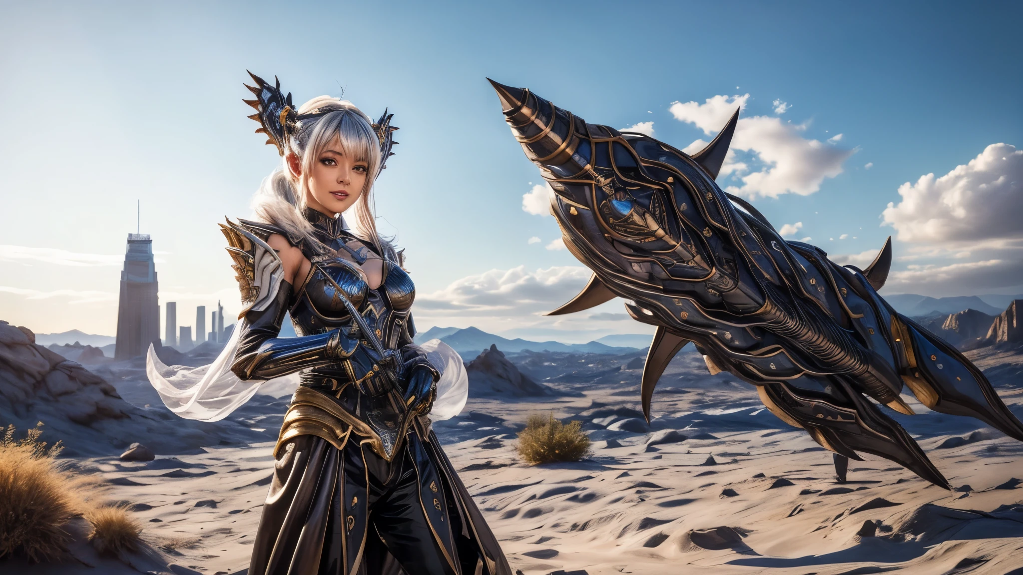 (high quality:1.3), highly detailed, (3D, cycle render, computer graphics:1.2),
AraneaHighwind, sitting on rock with closed eyes, serenity, (beautiful sky background:1.1), (desert, hills and sky:1.1), (full body shot:1.15),
grey hair, lipstick, makeup, black eyeshadow, eyelashes, (ultra detail hair:1.1), ultra realistic hair, ultra detail face, green eyes, (perfect eyes, perfect face:1.1),
black Armor, breastplate, (greaves:1.2), pants, gauntlets, shoulder armor, pauldrons, white dress, armored dress,
(Large Breasts:1.2), cleavage, <lora:AraneaHighwind-000009:0.8>, <lora:add_detail:0.8>
