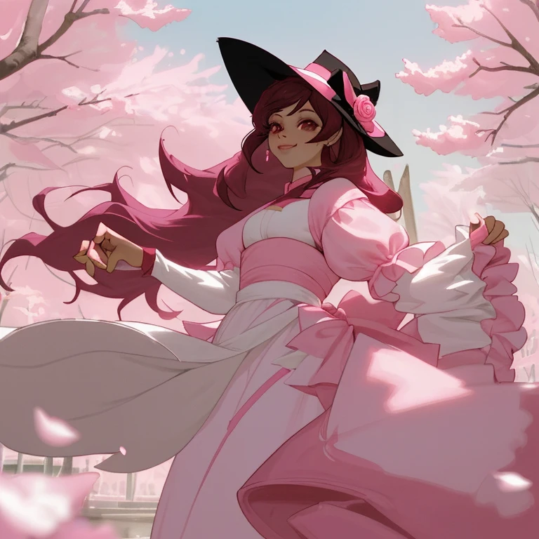 Joven mujer, ojos rosas, cabello rosa claro, largo, ondulado, pink and white asian dress, rodeada de sakuras, orejas de zorro rosa, cola de zorro rosa, con un abanico blanco, caminando y sonriendo