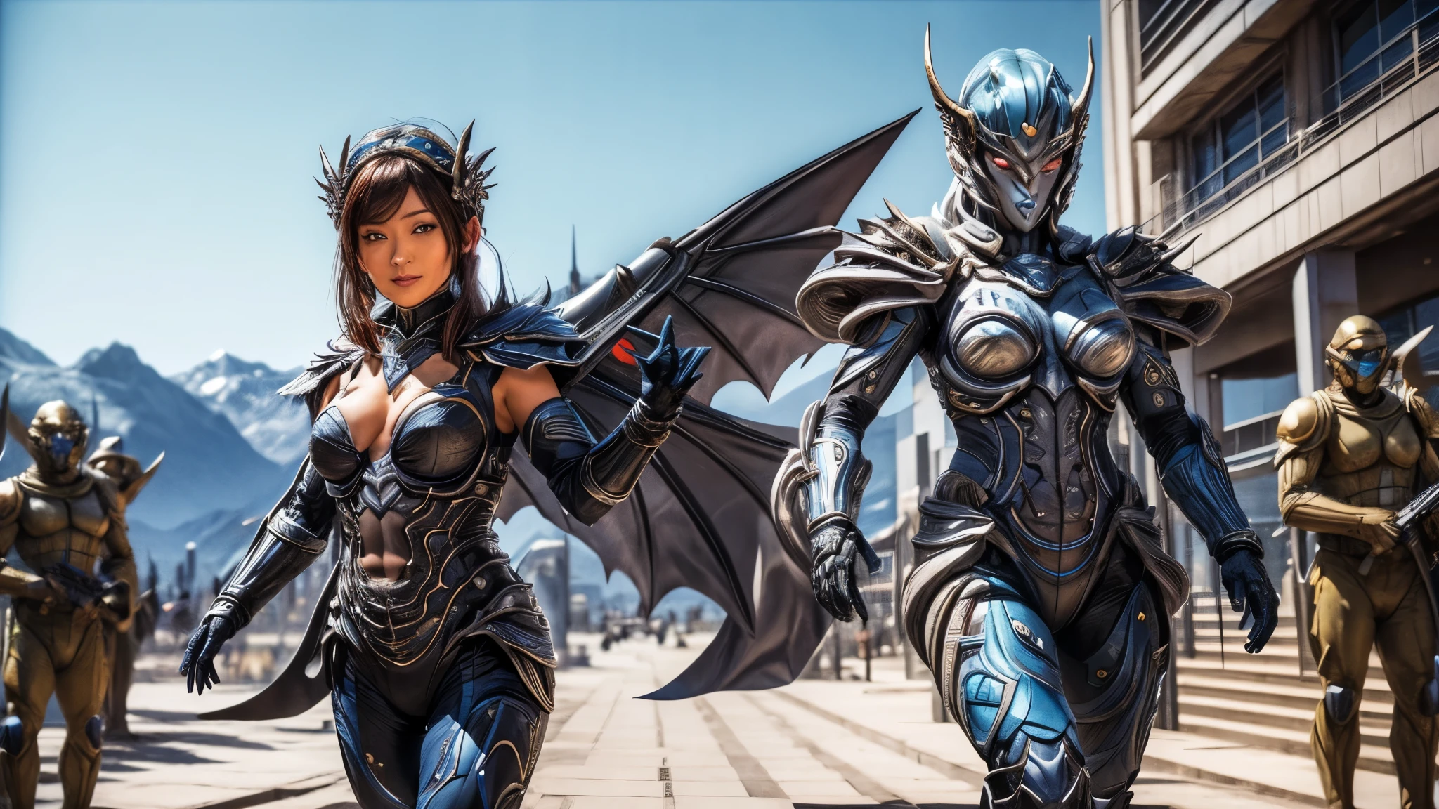 (best quality,4k,8k,highres,masterpiece:1.2),ultra-detailed, Alien Princess, Female Commander Invading a city with her Ranger troops behind her, strutting her stuff, Smiling and laughing, Flirting with the viewer, HDR, 8k, absurdres, cinestill 800, sharp focus, add_detail:3 (solo woman) anime Villainess, wideshot, widescreen, focus on subject