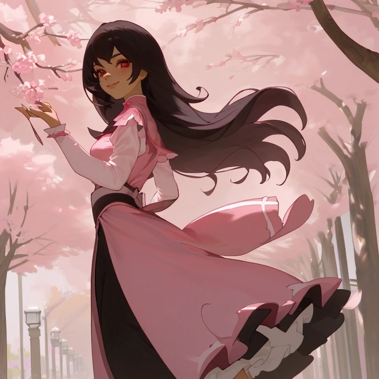 Joven mujer, ojos rosas, cabello rosa claro, largo, ondulado, pink and white asian dress, rodeada de sakuras, orejas de zorro rosa, cola de zorro rosa, con un abanico blanco, caminando y sonriendo