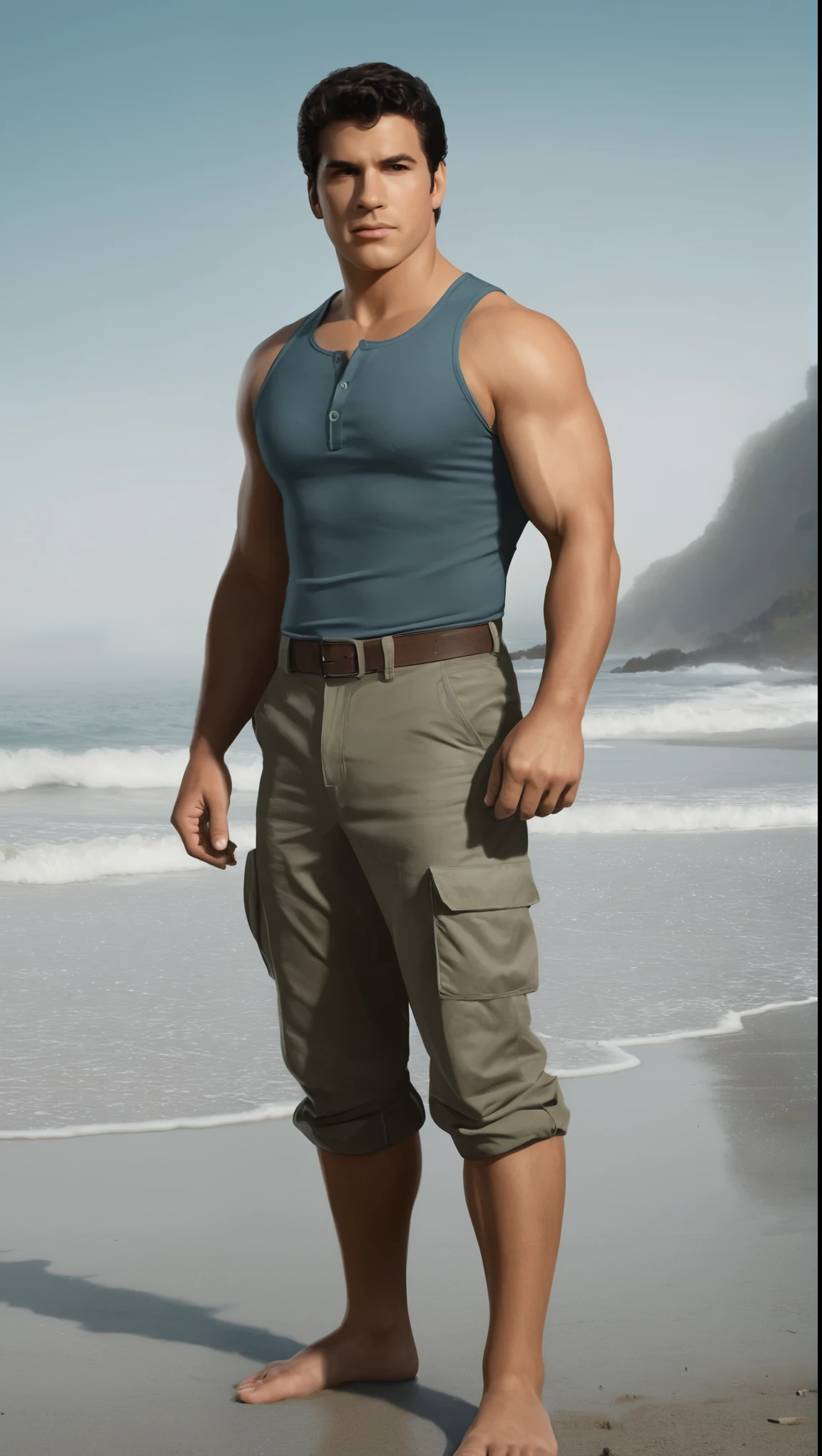 An illustrated movie poster, hand-drawn, full color, a secret agent, male, 21 years-old, wearing a Henley shirt and tactical pants, resembles a young Lou Ferrigno, sun-tanned skin, chubby face, average height, broad shoulders, soft belly, slightly overweight, deep brown eyes, wide bulbous nose, black hair, curly taper fade, thick bushy eyebrows, extremely hairy chest, stomach, and arms, lots of body hair, posing on a cold misty beach, hard shadows, graphite shading, stencil marks, airbrushed acrylic paint, masterpiece, in the style of Skyrim