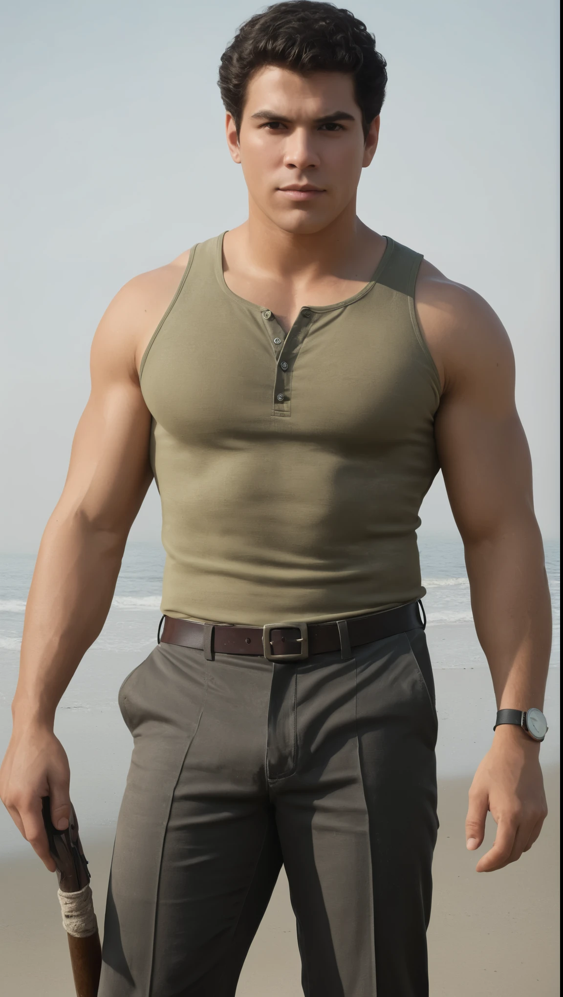 An illustrated movie poster, hand-drawn, full color, a secret agent, male, 21 years-old, wearing a Henley shirt and tactical pants, resembles a young Lou Ferrigno, sun-tanned skin, chubby face, average height, broad shoulders, soft belly, slightly overweight, deep brown eyes, wide bulbous nose, black hair, curly taper fade, thick bushy eyebrows, extremely hairy chest, stomach, and arms, lots of body hair, posing on a cold misty beach, hard shadows, graphite shading, stencil marks, airbrushed acrylic paint, masterpiece, in the style of Skyrim