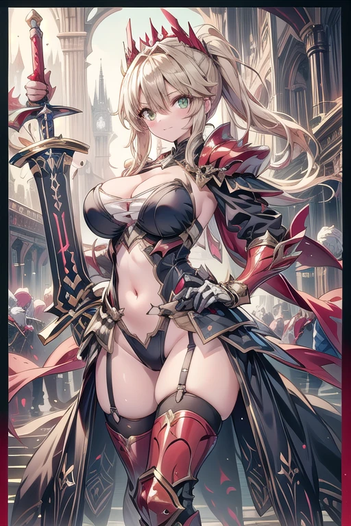 Artoria Pendragon (saber),Yellow theme,holdingsword,armor,exposing your navel,SakuraNS,Promotional poster style,((big breasts)1.2),exposing your navel,Sexy one-piece stockings,Happy look,Fleshy thighs, ((red armor))