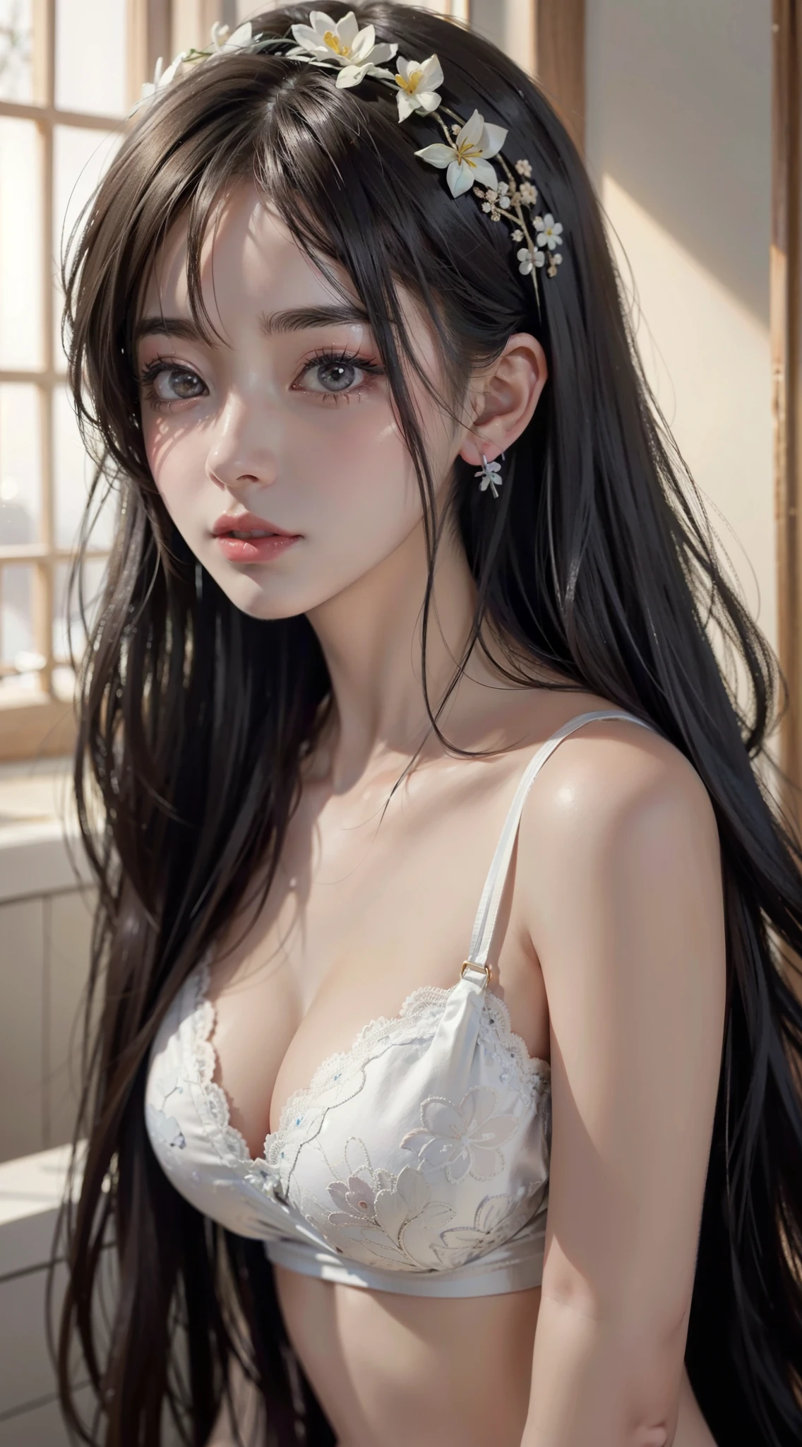 decorate your hair with flowers、Anime girl posing for a photo wearing a bra top, Gwaites style artwork, [ 4K digital art ]!!, beautiful digital illustrations, cute realistic portrait, Detailed portrait of anime girl, digital anime illustration, beautiful anime portrait, realistic cute girl drawing, detailed digital anime art, stunning anime face portraits, beautiful digital artwork