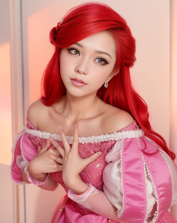 un primer plano una mujer con un vestido rosa posando para una foto, bella delfina, princesa ariel, ariel la sirenita, sha xi, cosplay glamoroso, retrato de rose blackpink, amoranto, reina del mar mu yanling, princesa anime, artgerm and ruan jia, foto de cosplay, Con cabello rojo, fantasy photo shoot