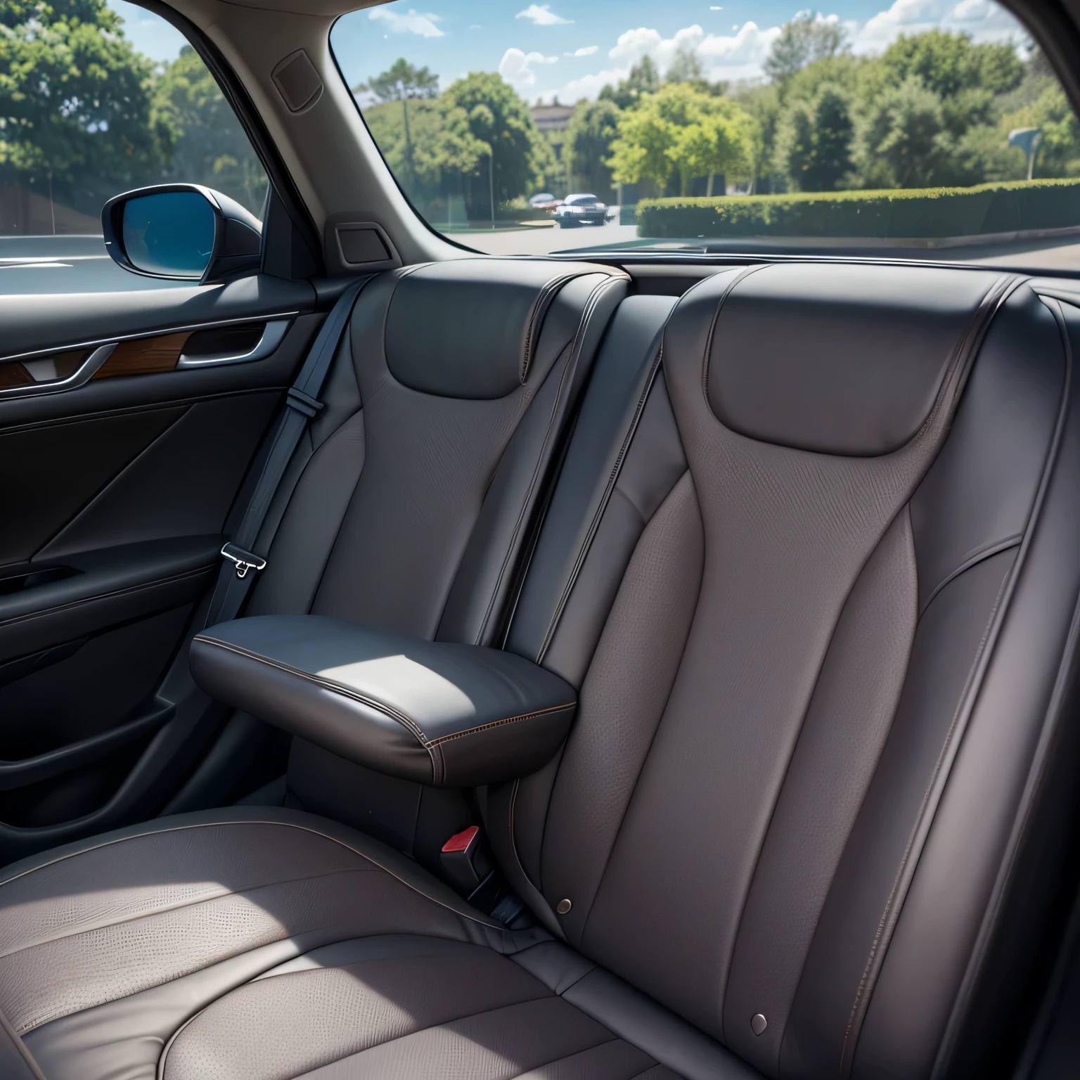 realistic photo of the back seat in a car, close-up, sunny day, super detail, high details, high quality, highres, realism, photo, masterpiece
