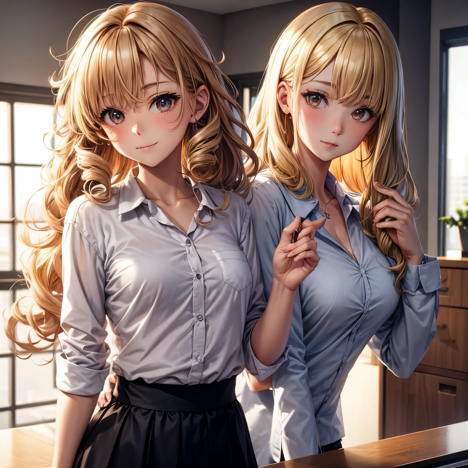 Teacher, blonde curly hair, brown eyes, thin, alternative shirt