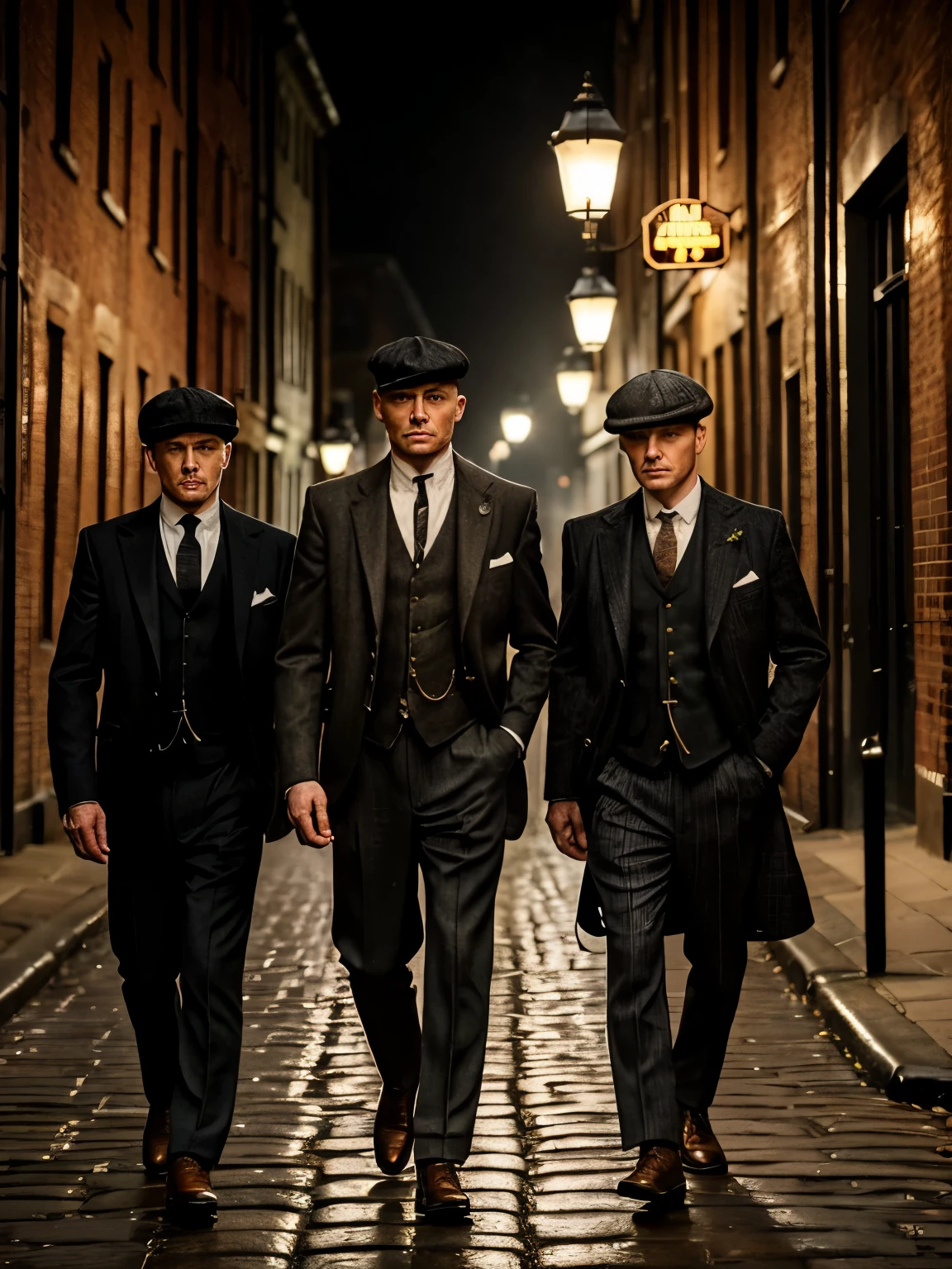 The Peaky Blinders in action! A group of Shelby brothers, clad in their signature flat caps and waistcoats, walk confidently down a cobblestone street in Birmingham at night. They're surrounded by a hazy fog, and the only light comes from gas lamps and a distant pub sign. Masterpiece. Award-winning photography.  Perfect faces. Highly detailed faces.