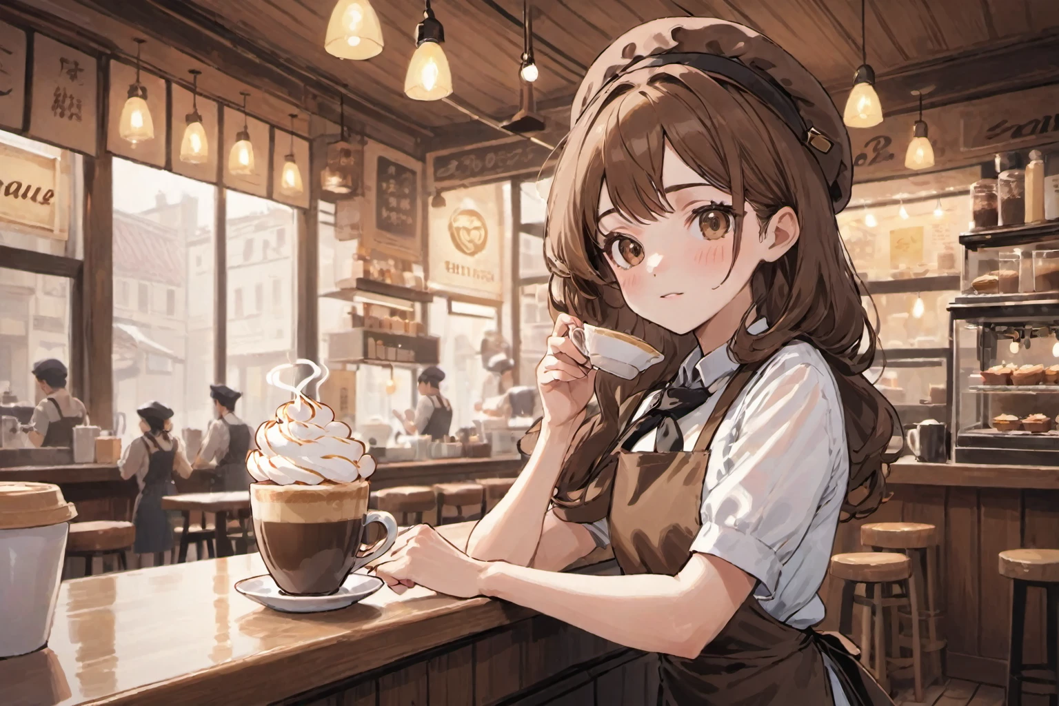 Background is a thriving café, café clerk, pudding on a tray, ration, café uniform, smile, thick eyebrows, (huge backpack: 1.5), (dark skin: 1.3), brown skin, movie lighting, small, rabbit ears, (masterpiece), ((best quality)), (super detailed), glossy skin, full body anime girl, clean and detailed anime face, high resolution anime eyes, five fingers, Textile shading, perfect human structure, perfect anatomy,