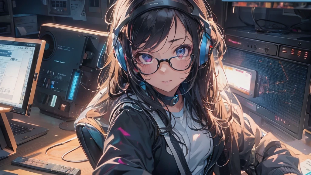 (Finest quality)),(超A high resolution),(ultra-detailliert),(Meticulous portrayal),((Best Anime)),(Finest works of art),Ultra-Precision Art,The art of astounding depiction, cyberpunked,Glossy lighting:1.3 Small, dark room:1.5,PC, (1人の女性:1.5),Sleeping on your back on the bed:1.3,latex bikini,Slim body,headset on head,eye glass,mole,tiptoes