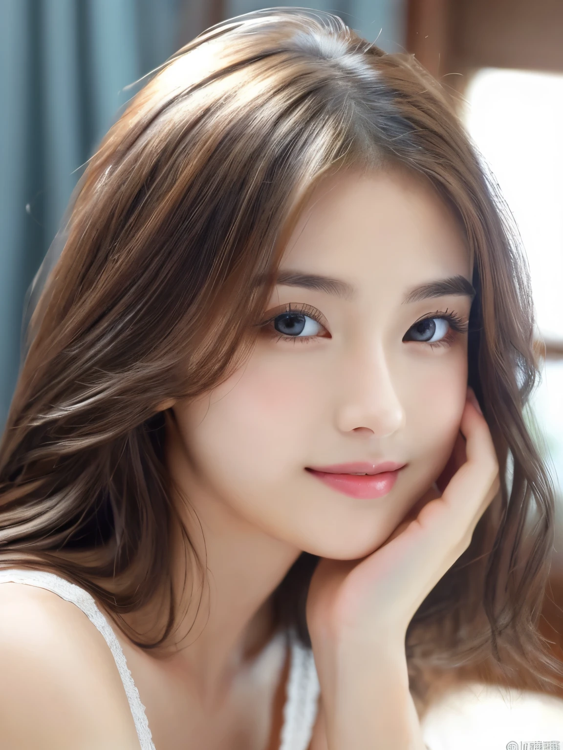 (((32ｋ,high details,high detail、masterpiece,attention to detail,alone))),Raw photo & realistic atmosphere,beautiful dark blue eyes,detailed mouth,glossy lips,thin eyebrows,fine eyes、Soft white skin that shines in every detail、her deep black eyes are so beautiful,lip details、very beautiful face,very well-shaped face、lifelike face,shining beautiful lips,beautiful eyebrows,infinite reality, Realistic young gravure idol,she&#39;she&#39;she&#39;she&#39;she&#39;she&#39;s a very cute woman , young gravure idol, young gravure idol, Very beautiful and cute 22 years old beautiful girl,incredibly beautiful and classy，22 years old beautiful girl,natural soft light,（shiny hair,,Beautiful and kind eyes：1.5）,gentle smile,well-shaped chest,medium long hair,tie hair,beautiful posture,no makeup,think ahead,A little camera gaze，
