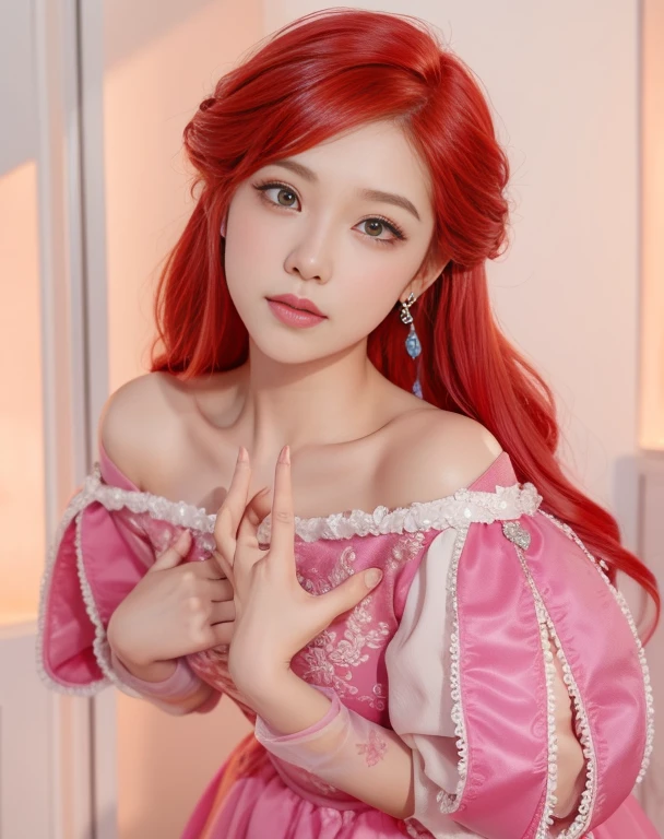 un primer plano una mujer con un vestido rosa posando para una foto, bella delfina, princesa ariel, ariel la sirenita, sha xi, cosplay glamoroso, retrato de rose blackpink, amoranto, reina del mar mu yanling, princesa anime, artgerm and ruan jia, foto de cosplay, Con cabello rojo, fantasy photo shoot
