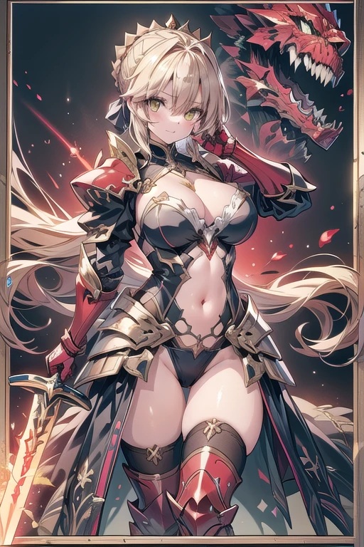 Artoria Pendragon (saber),Yellow theme，holdingsword，armor，exposing your navel，SakuraNS，Promotional poster style，((big )1.2)，exposing your navel，Sexy one-piece stockings，Happy look，Fleshy thighs, ((red armor))