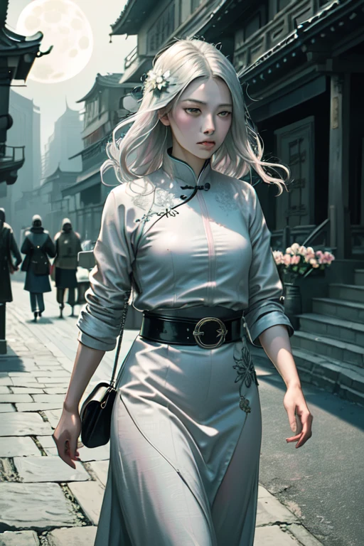 Masterpiece, Best quality, a night, Full moon, 1 girl, Grown woman, Chinese style, Ancient China, Sister, Royal Sister, cold expression, Expressionless face, Silver white long-haired woman, Light pink lips, calm, thinker, Three belts, Gray pupils, murderer, Short knife, Flower ball background, Strolling through the street scene